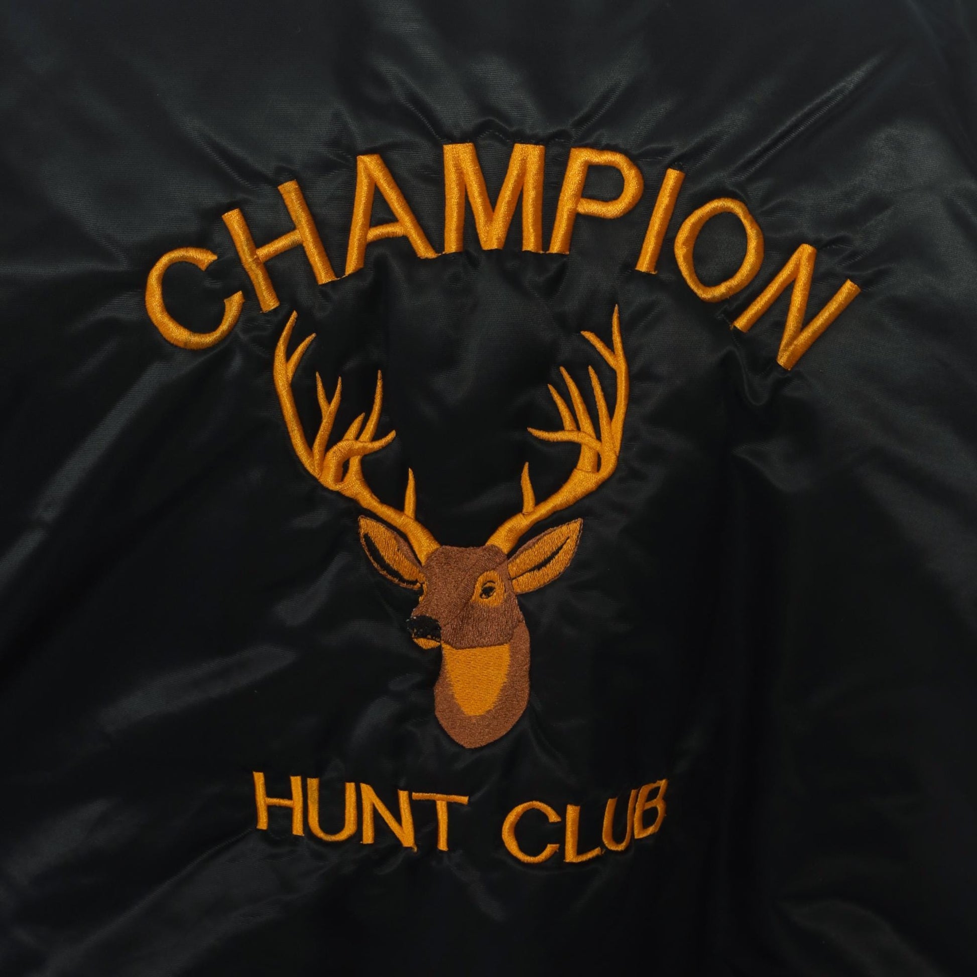90s Black Satin Bomber Jacket Embroidered Champion Hunt Club Deer Large