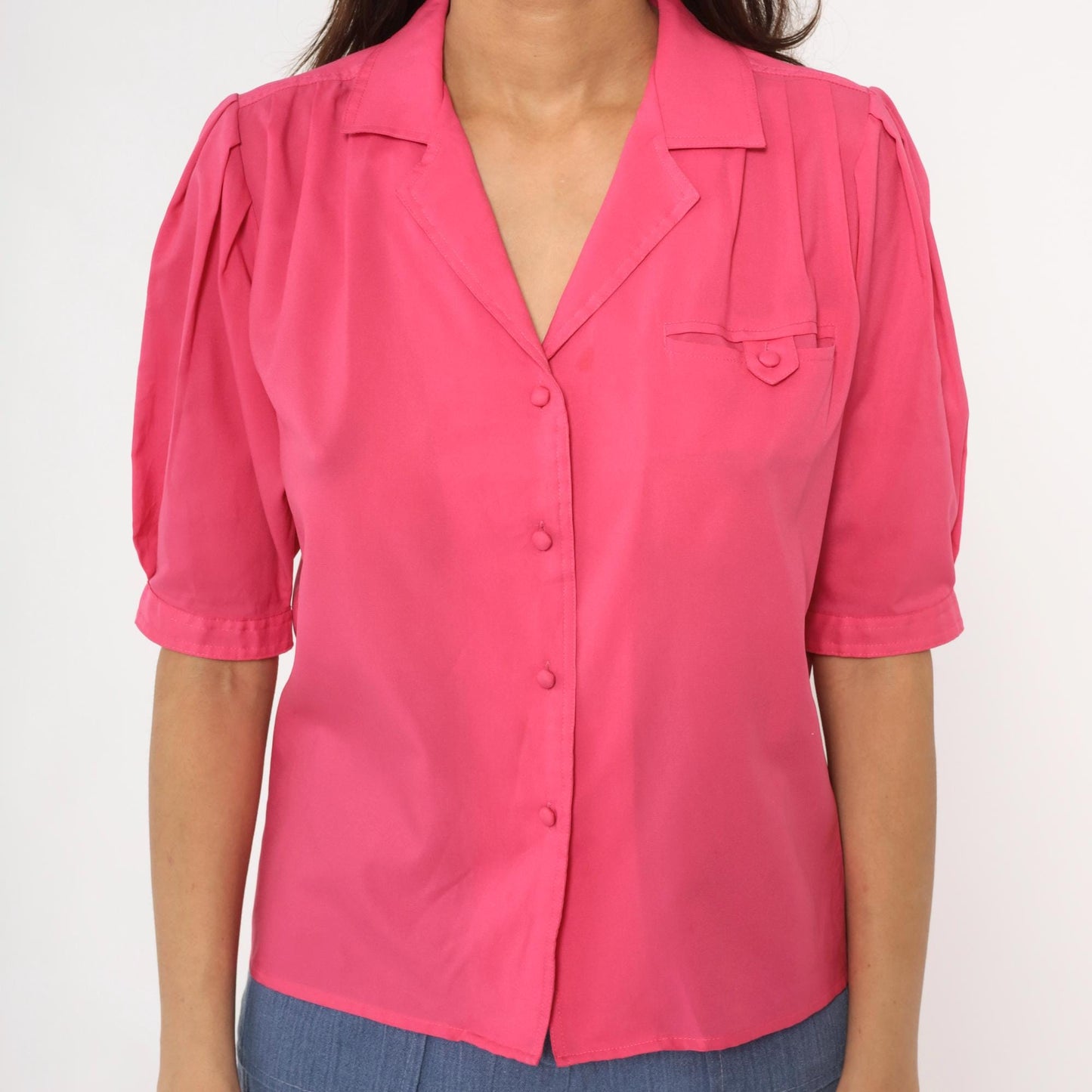 80s Hot Pink Josephine Blouse Puff Sleeve Button Front Power Dressing Medium