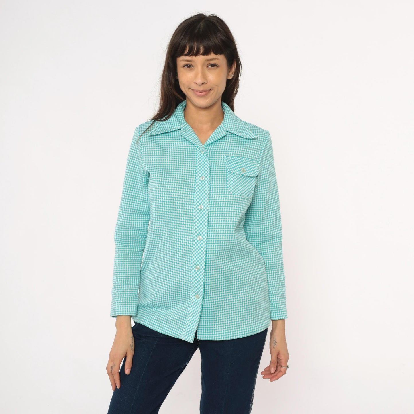 70s Turquoise Gingham Button-Front Shirt Chest Pocket Long Sleeve Small