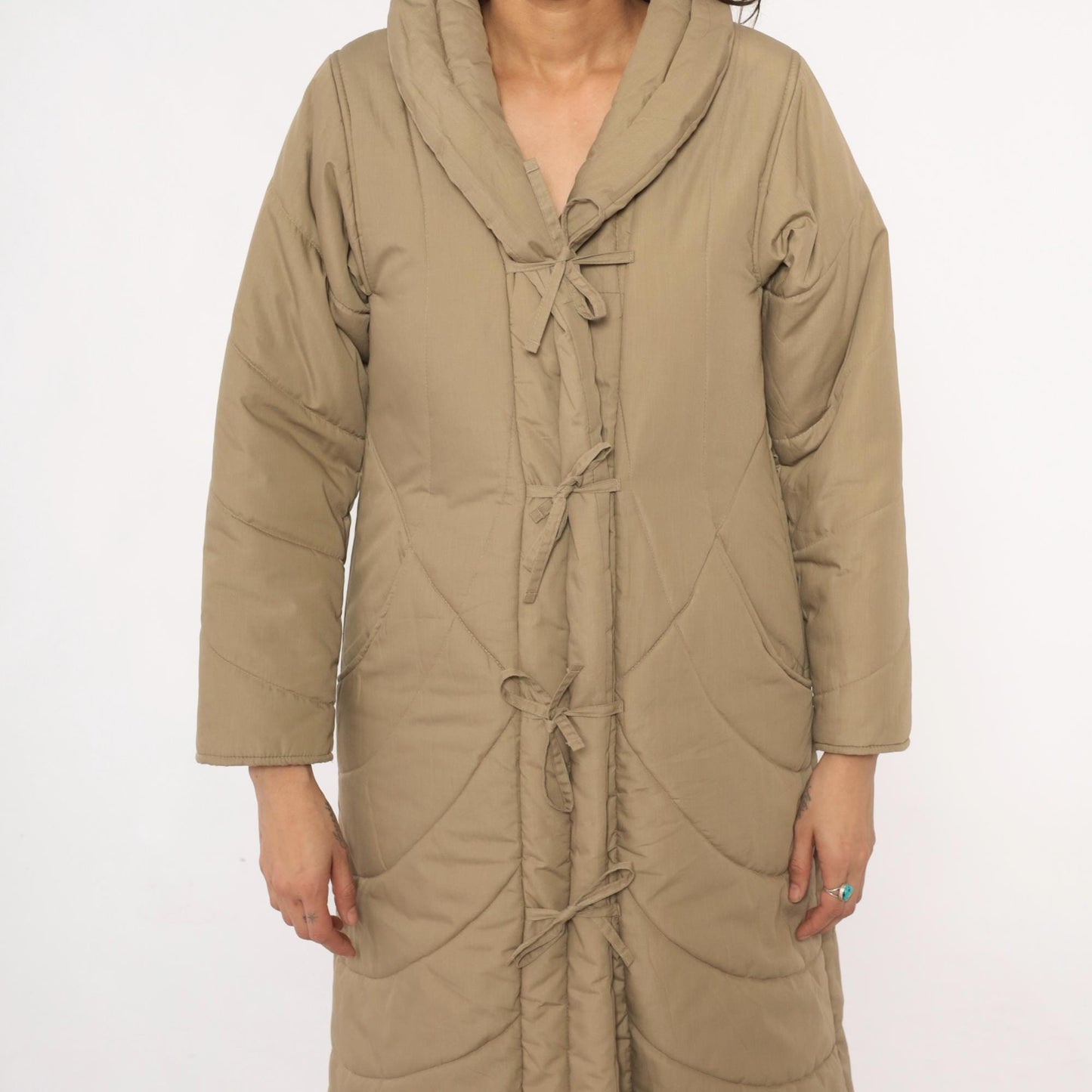 80s Tan Quilted Parka Jacket Chevron Shawl Collar Tie Front Duster Extra Small XS