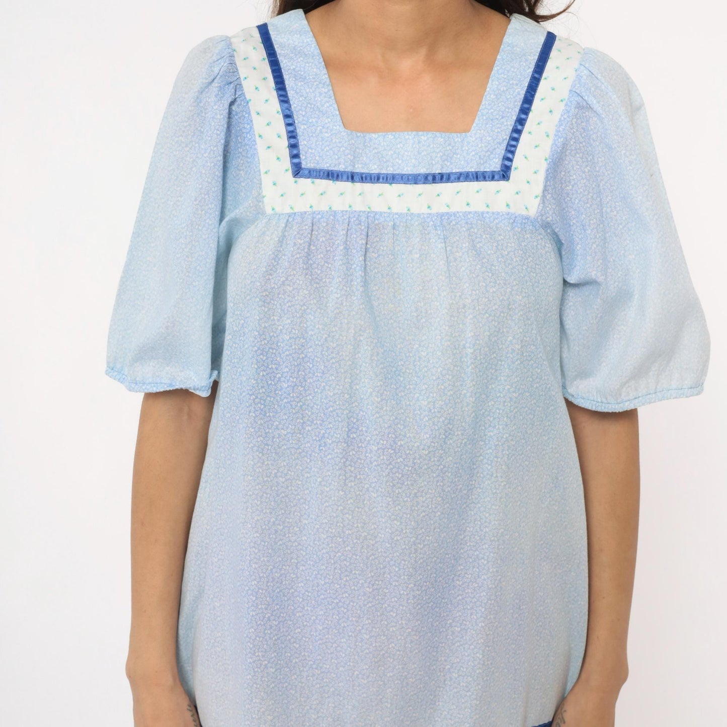 80s Light Blue Hawaiian Dress Cotton Puff Sleeve Square Neck Empire Waist Extra Small