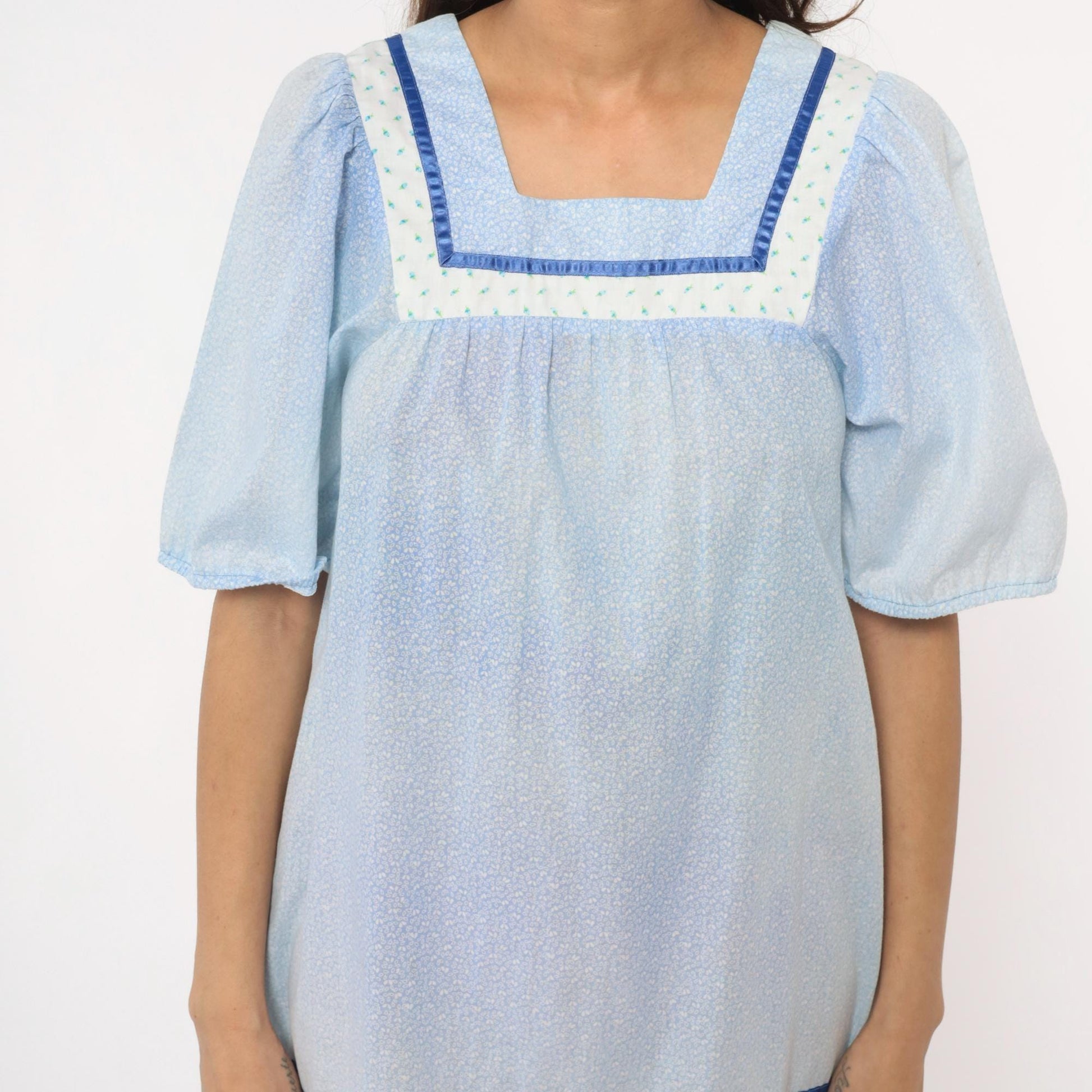 80s Light Blue Hawaiian Dress Cotton Puff Sleeve Square Neck Empire Waist Extra Small
