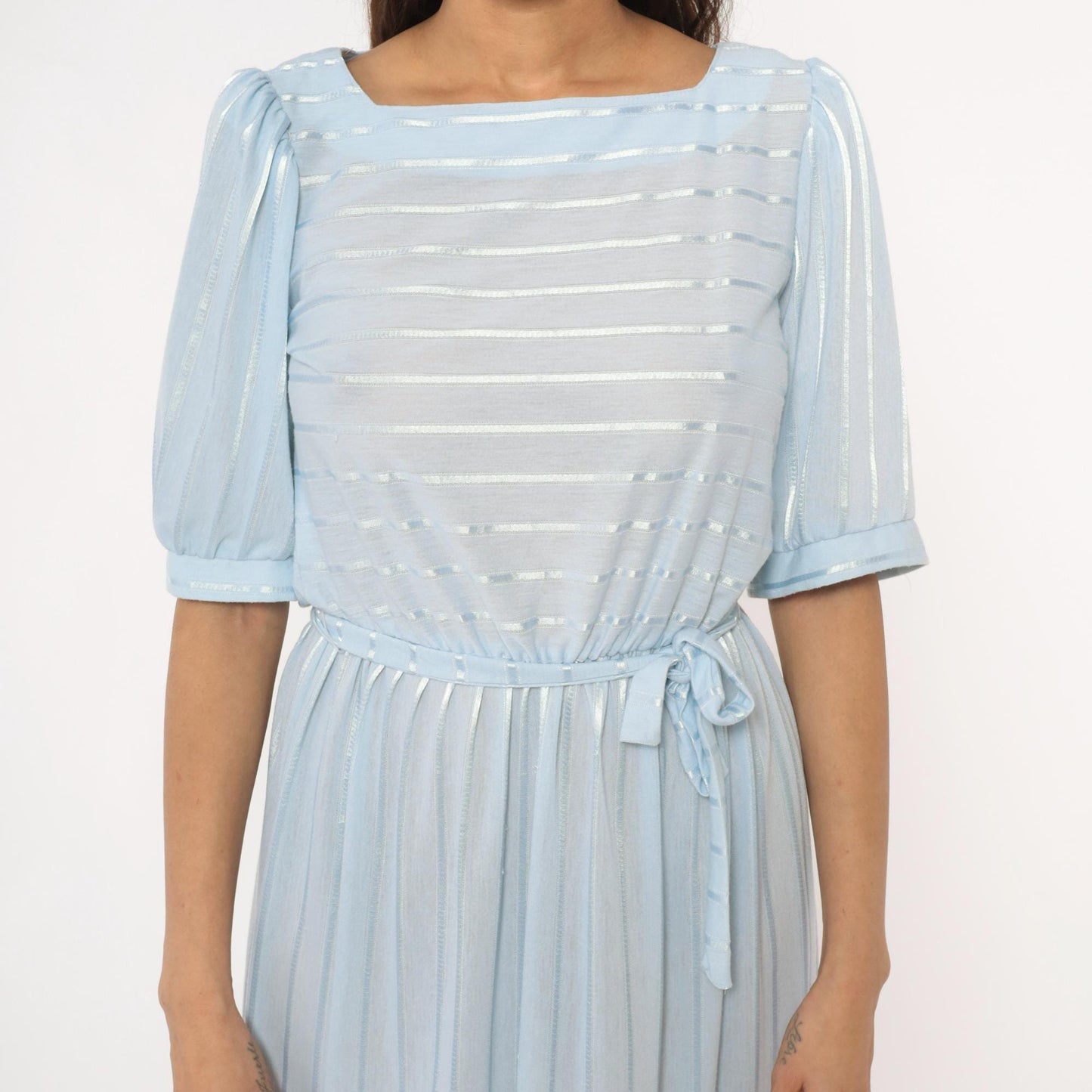 80s Baby Blue Striped Midi Dress Puff Sleeve Boat Neck Cotton Medium