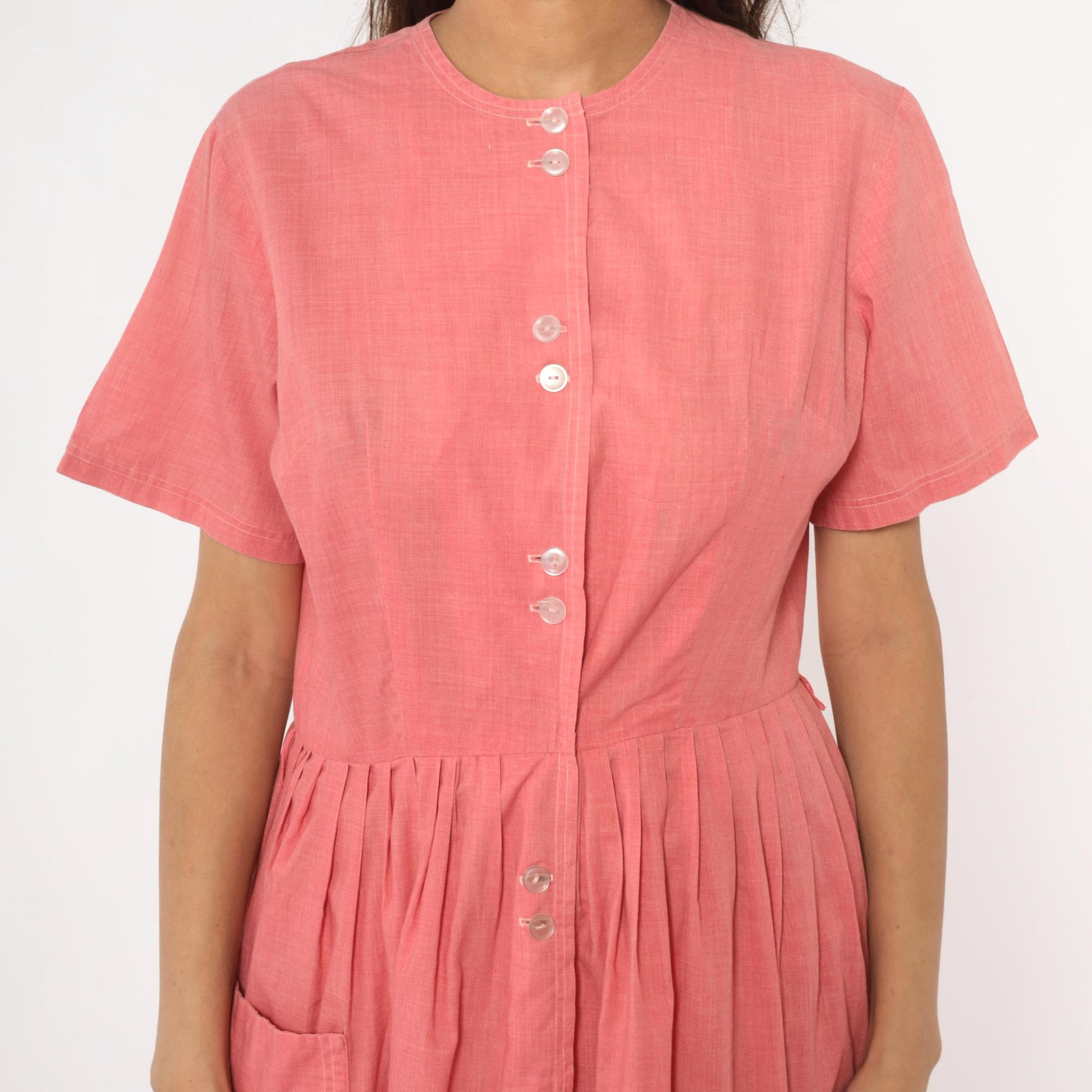 70s Coral Pink Cotton Day Dress Button Front Gathered Skirt Pockets Medium Large