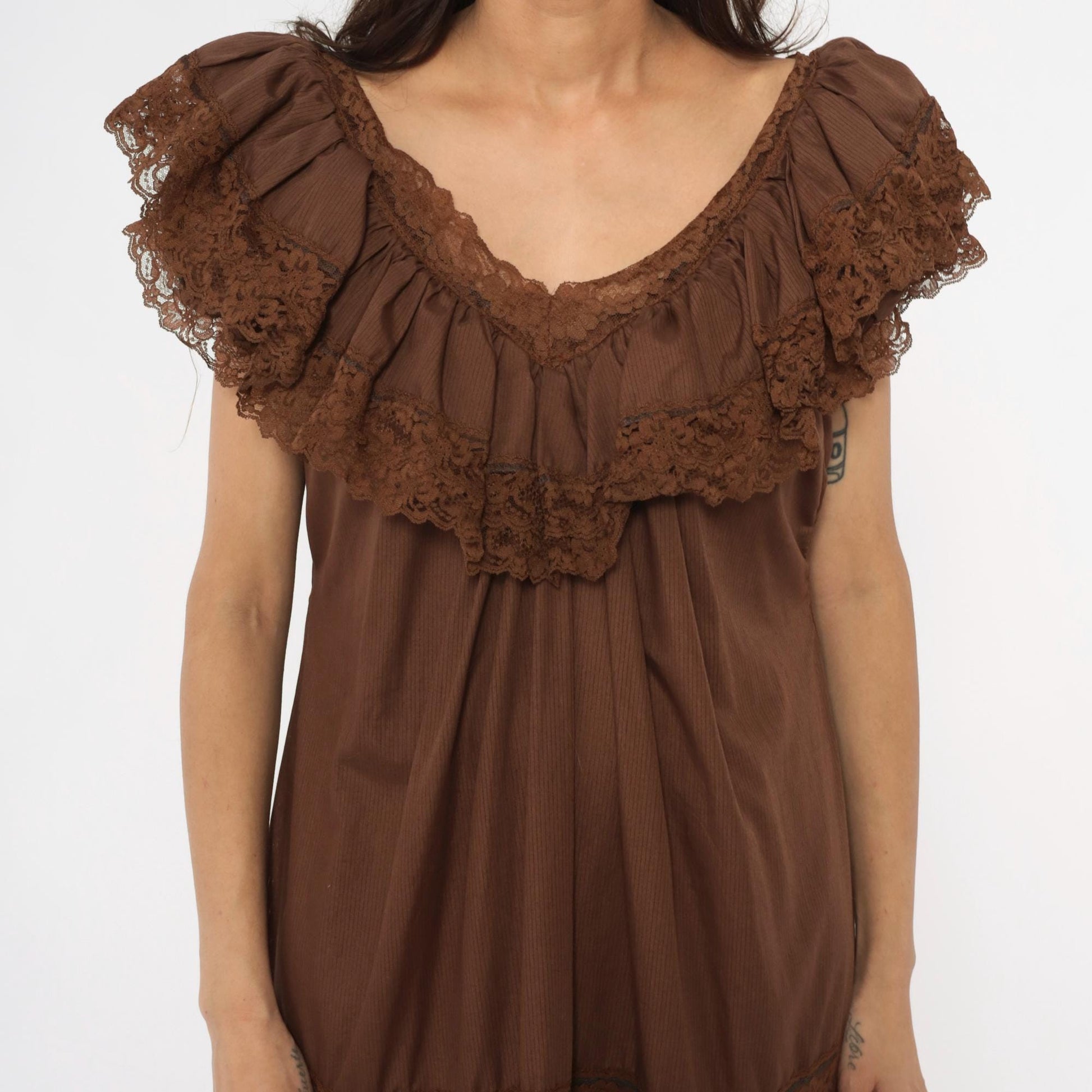 80s Brown Tiered Prairie Dress Lace Trim Cap Sleeve Midi Medium Large