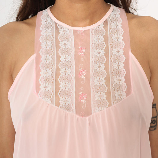 80s Pink Halter Maxi Nightgown Lace Floral Embroidered Empire Waist Medium