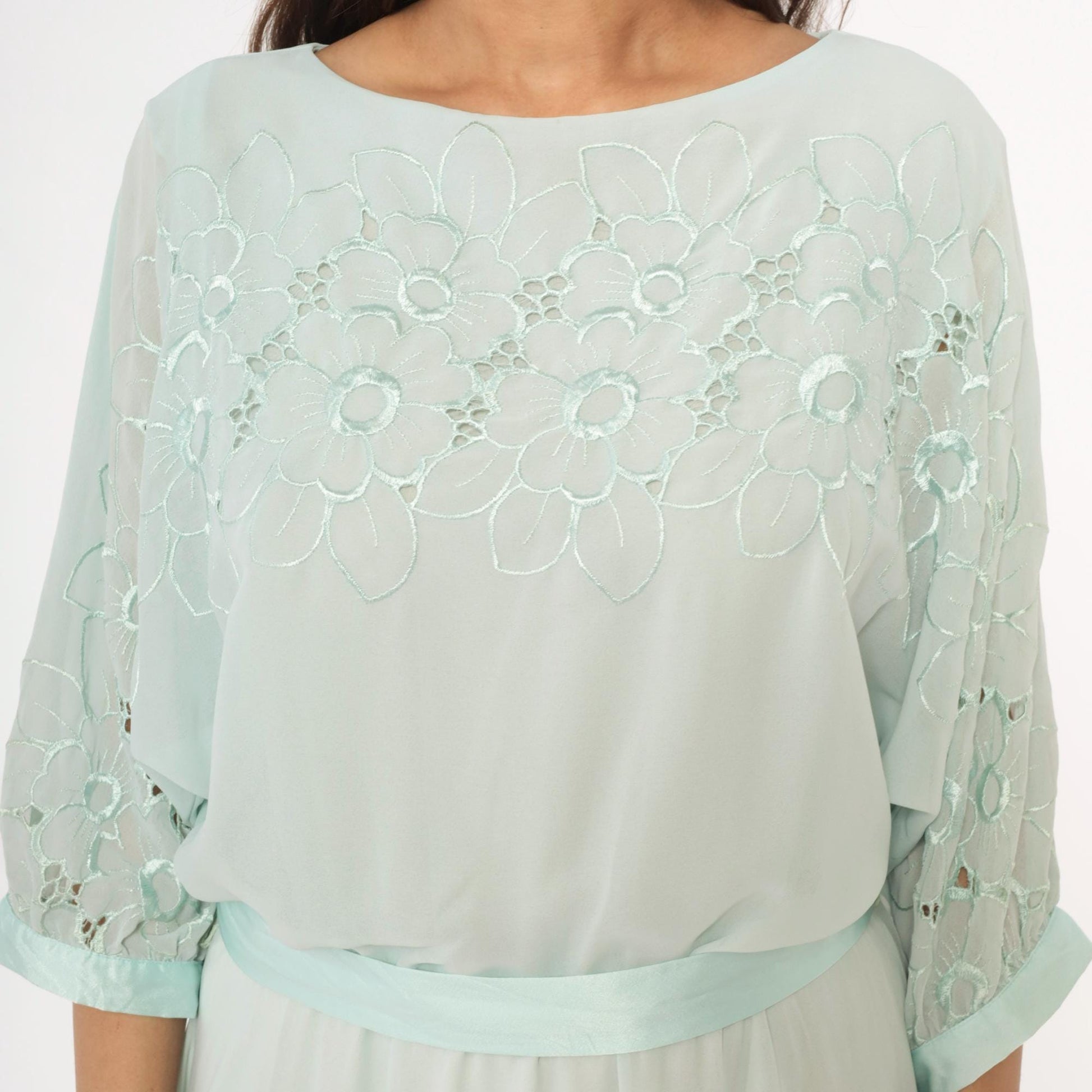 80s Ursula Mint Green Midi Dress Embroidered Floral Cutwork Sheer Large