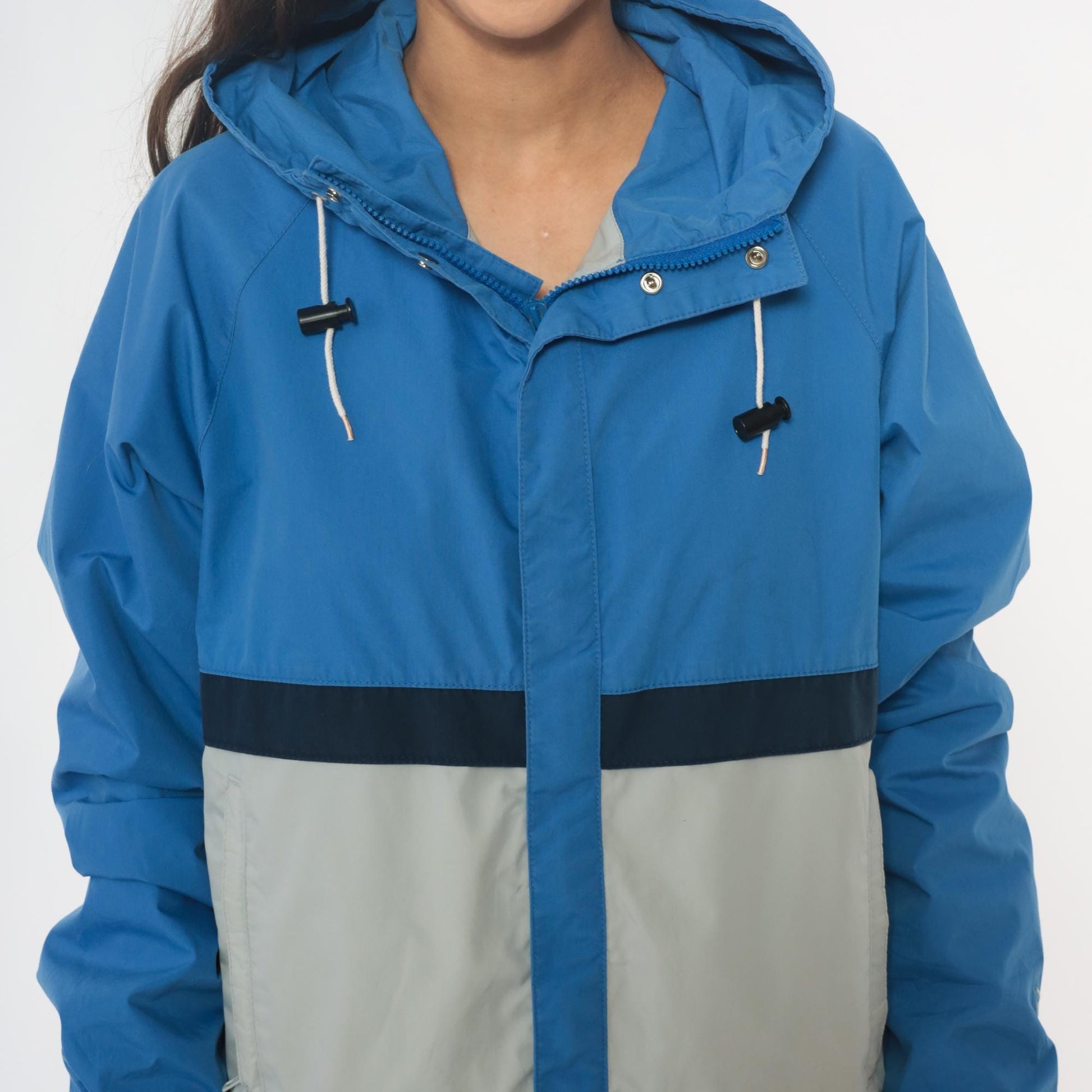 90s Nils Colorblock Hooded Windbreaker Jacket Blue Navy Cream Medium
