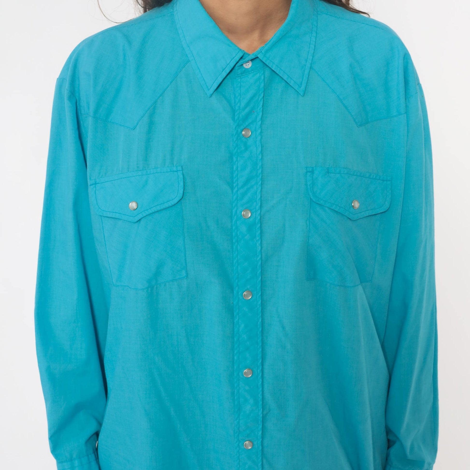 80s Sheplers Turquoise Western Shirt Pearl Snap Collared Long Sleeve Large