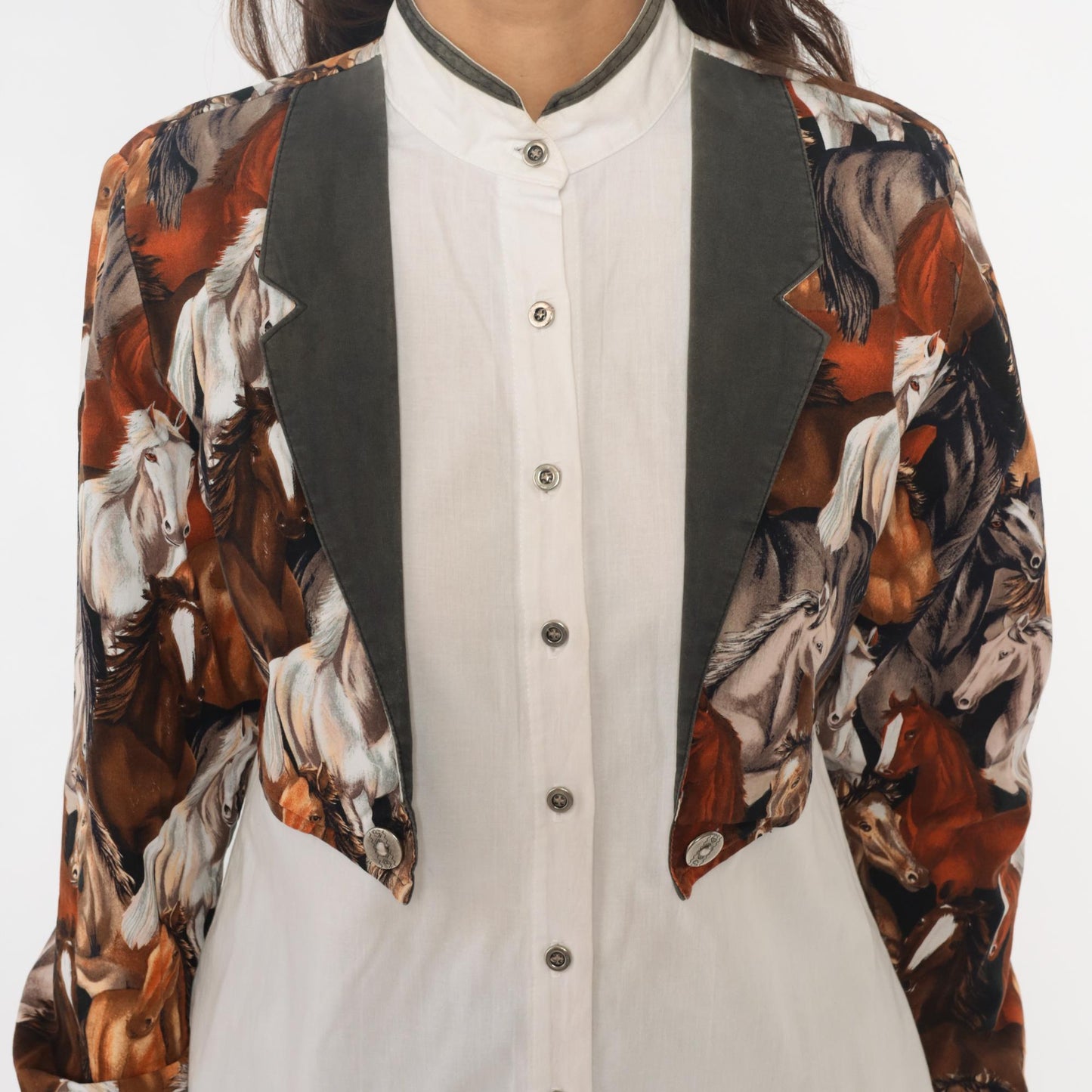 90s Roughrider Western Horse Print Button-Up Blouse White Small