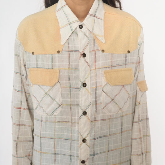 70s Kennington Western Shirt Plaid Cream Peach Yoke Button Front Medium