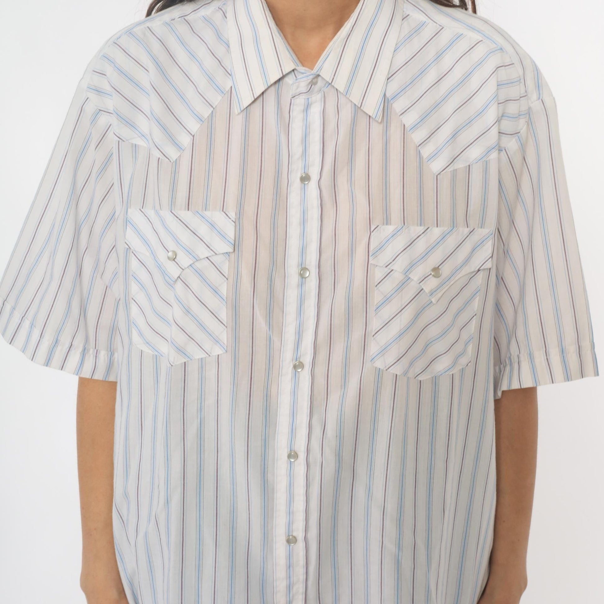 90s Ely Cattleman Western Striped Snap Shirt Cream Blue Tan Extra Large XL
