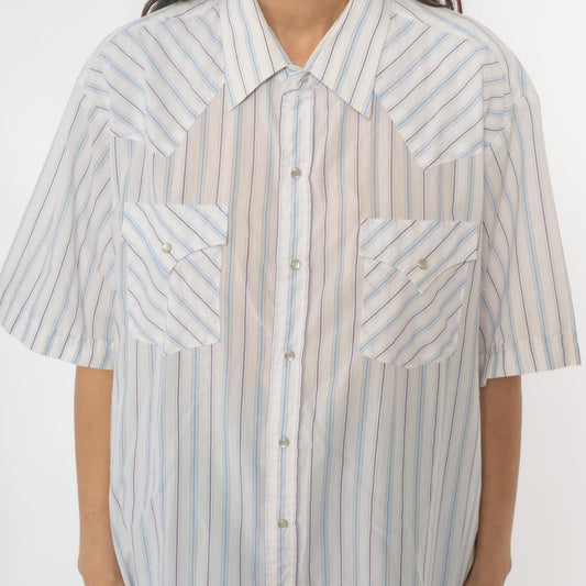 90s Ely Cattleman Western Striped Snap Shirt Cream Blue Tan Extra Large XL