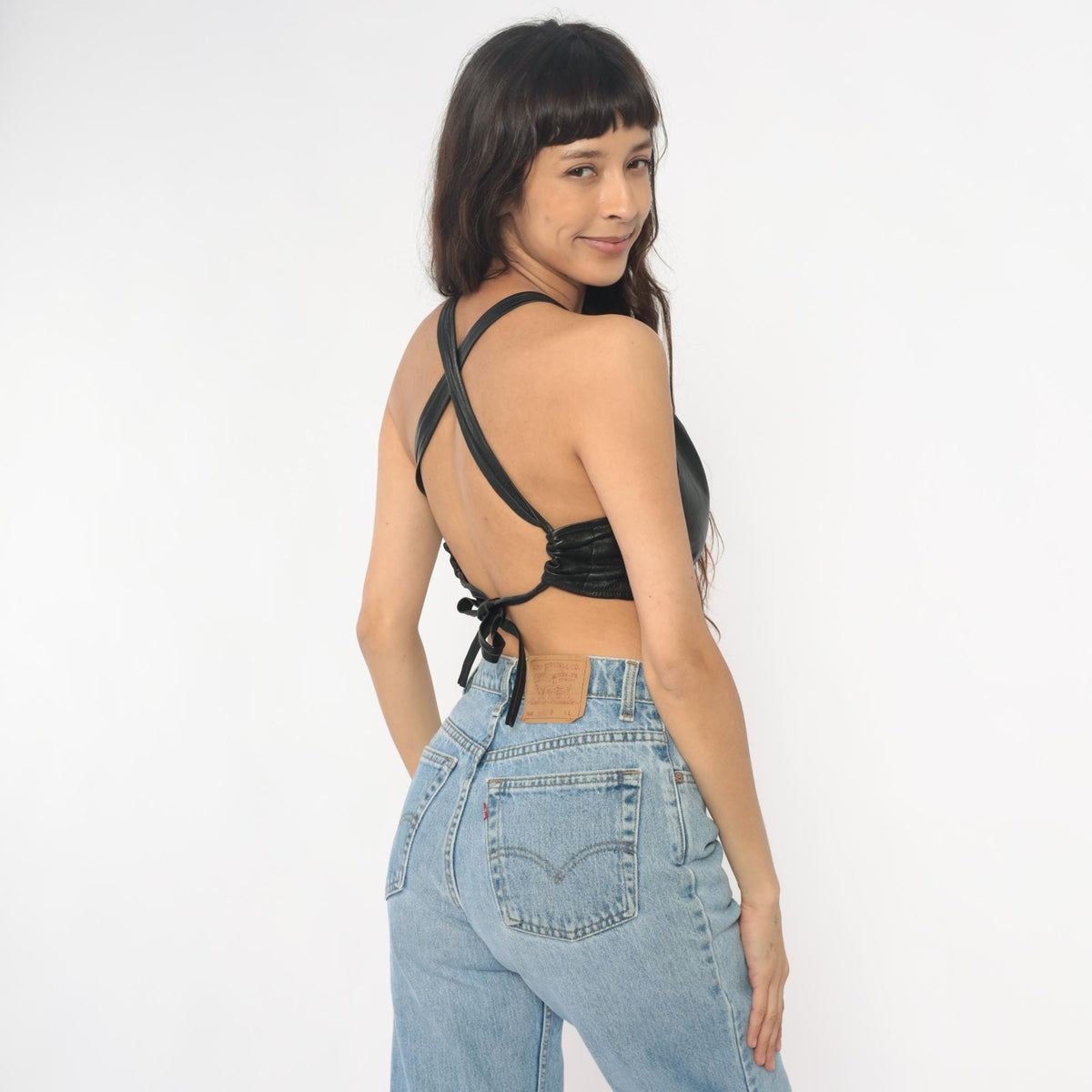 80s Black Leather Halter Crop Top Tie Back V-Neck Small Medium
