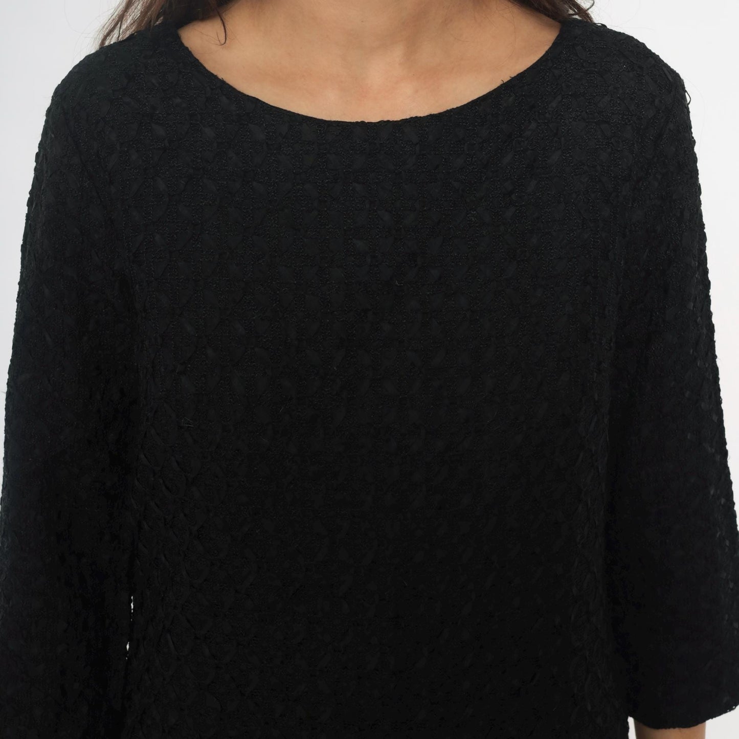 60s Black Shift Dress Boucle Boat Neckline Three-Quarter Sleeve Medium M