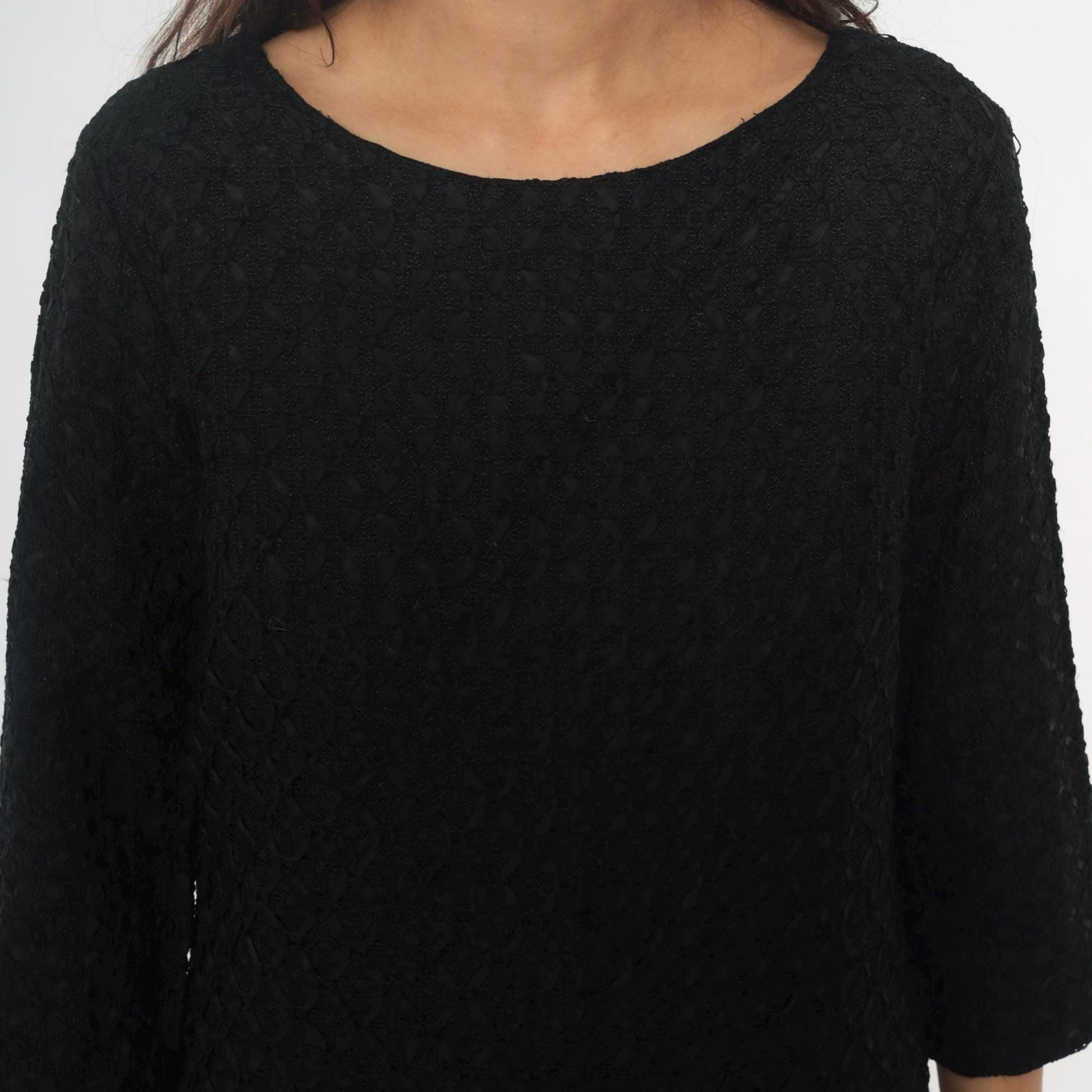 60s Black Shift Dress Boucle Boat Neckline Three-Quarter Sleeve Medium M