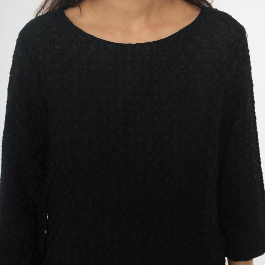60s Black Shift Dress Boucle Boat Neckline Three-Quarter Sleeve Medium M
