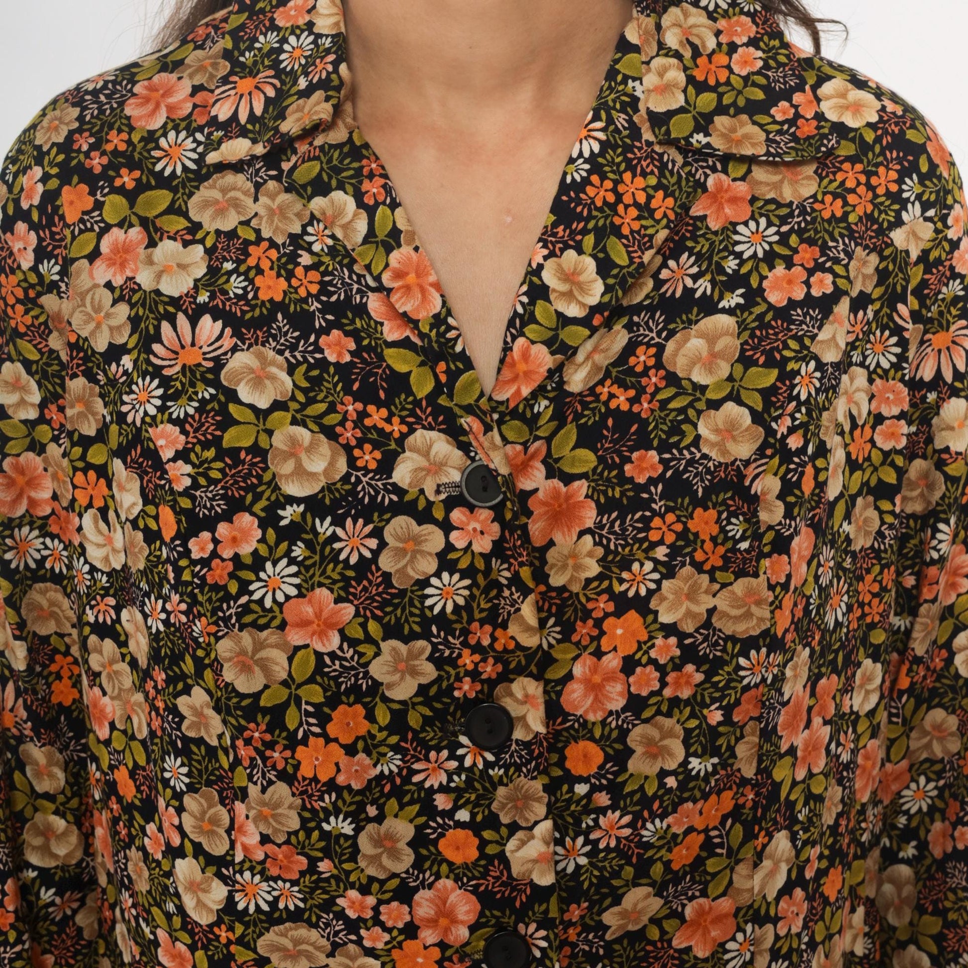 80s Laurel C Floral Shirt Dress Cotton Collared Mini Dark Botanical Large L