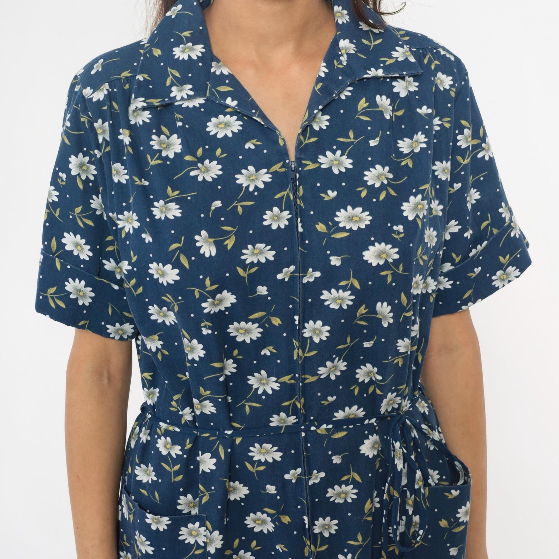 90s Carole Navy Floral Daisy Dress Collared Button Front Cotton Medium M