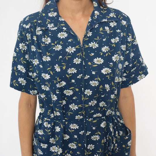 90s Carole Navy Floral Daisy Dress Collared Button Front Cotton Medium M