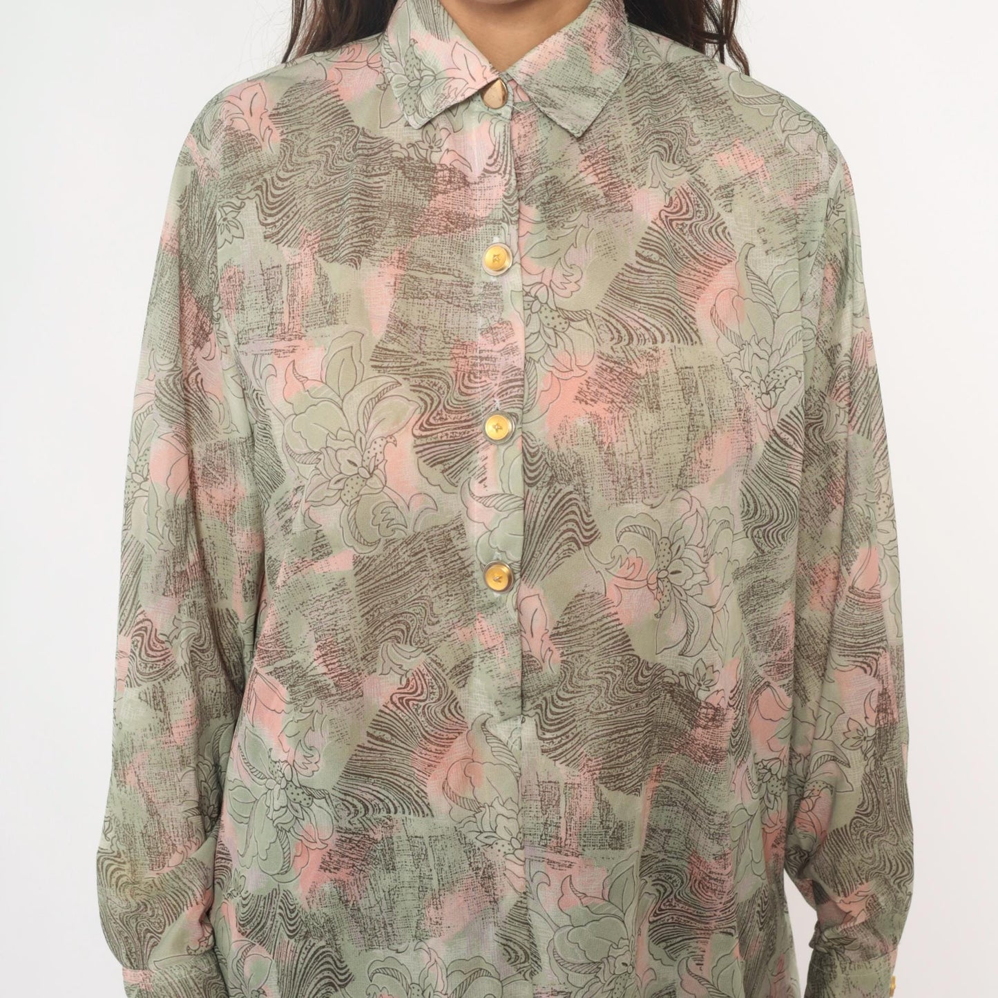 70s Abstract Floral Tunic Shirt Sage Pink Cream Button Front Medium