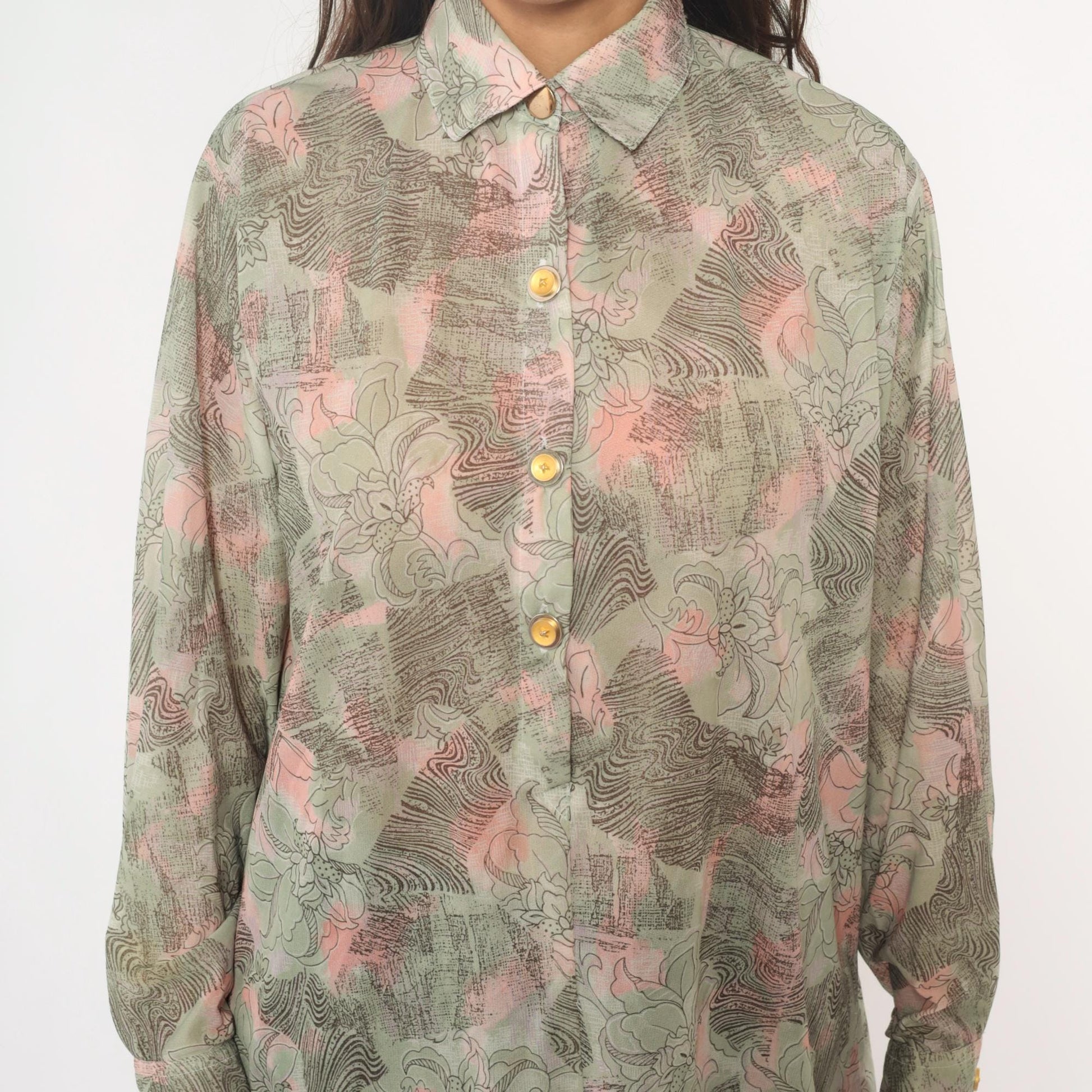 70s Abstract Floral Tunic Shirt Sage Pink Cream Button Front Medium