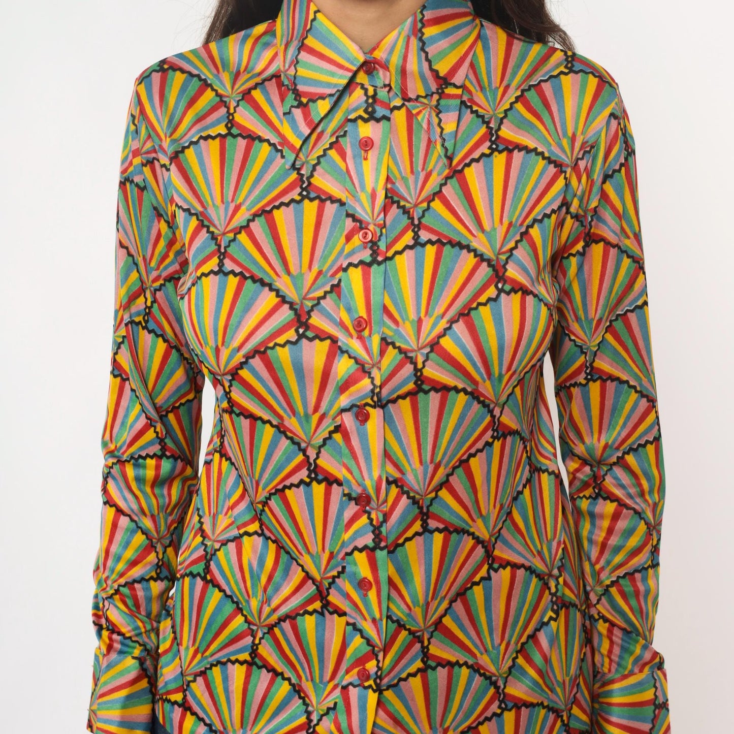 70s Helen Sue Geometric Fan Sunburst Blouse Multicolor Striped Collared Medium