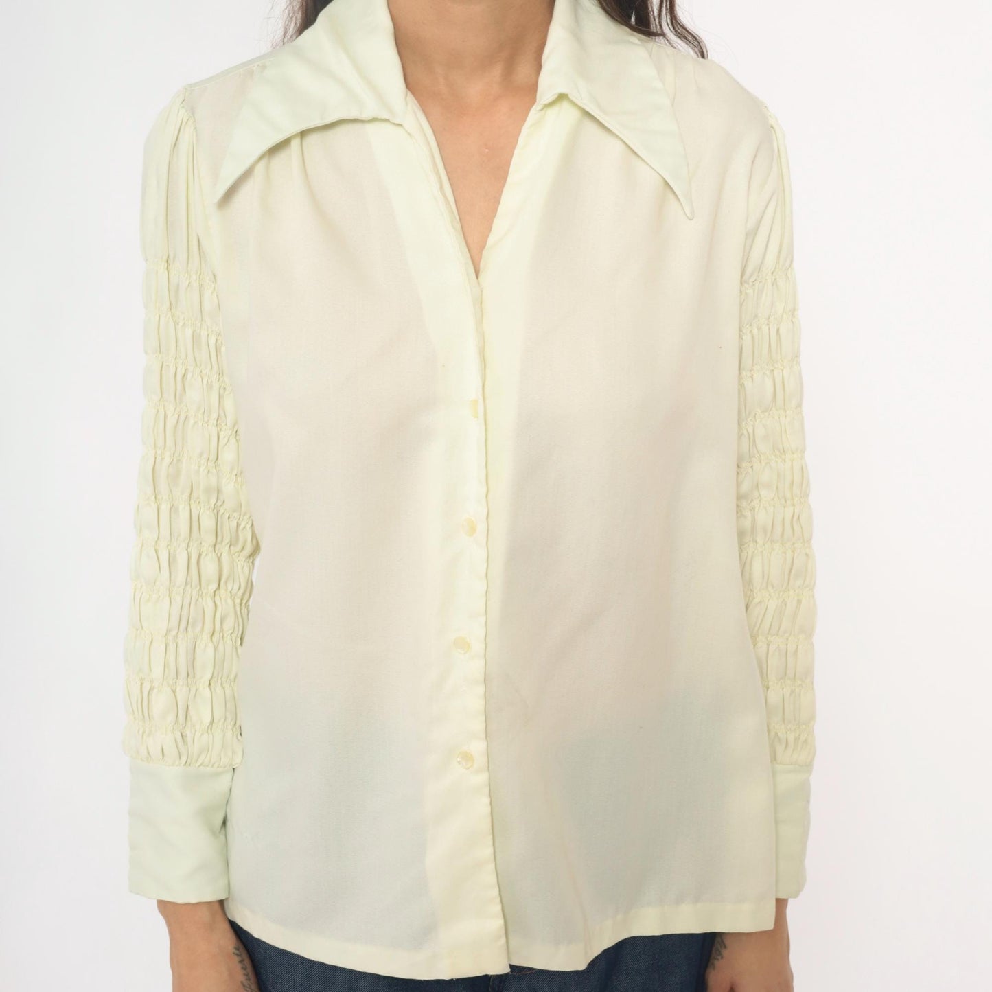 70s Ship n Shore Pale Yellow Button-Up Blouse Smocked Sleeve Collared Large