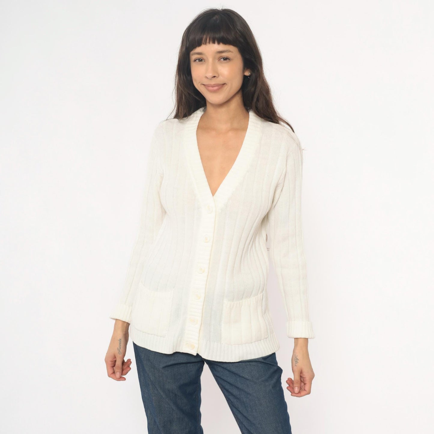 70s Cream Cable Knit Cardigan V-Neck Button Front Zayre Small