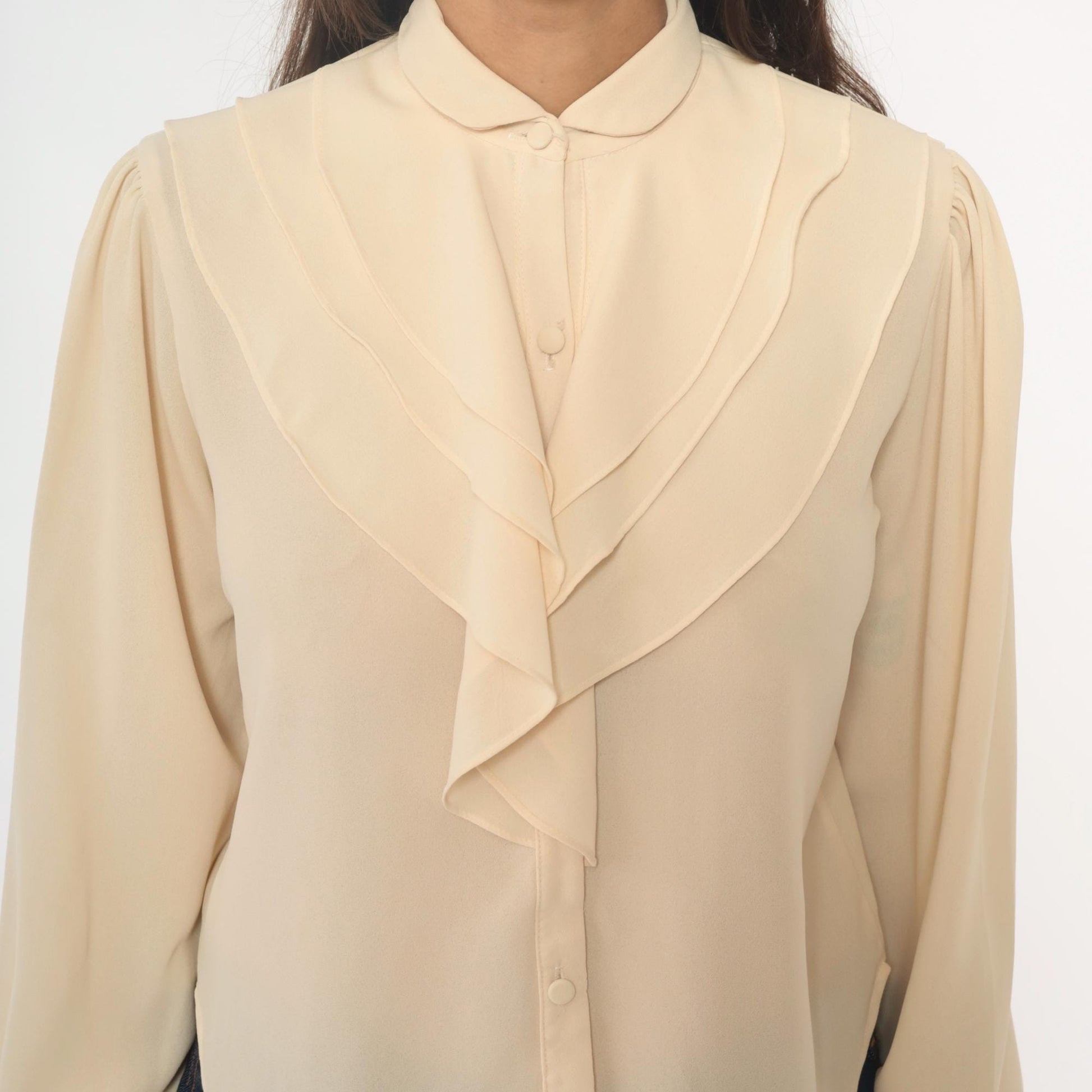 70s Cream Peter Pan Collar Blouse Puff Sleeve Button Front Ruffle Medium