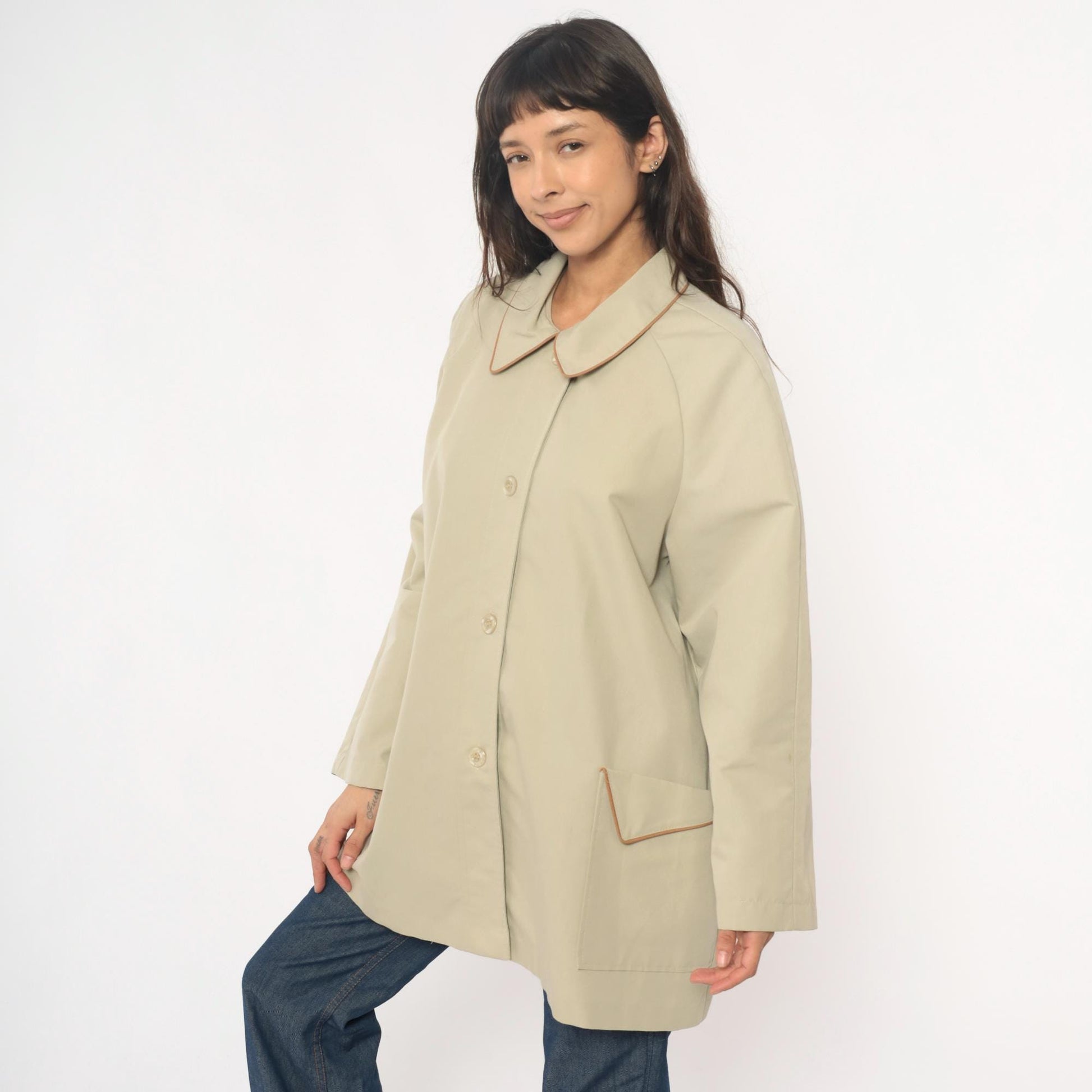 80s Beige Button Front Coat Peter Pan Collar Brown Trim Medium