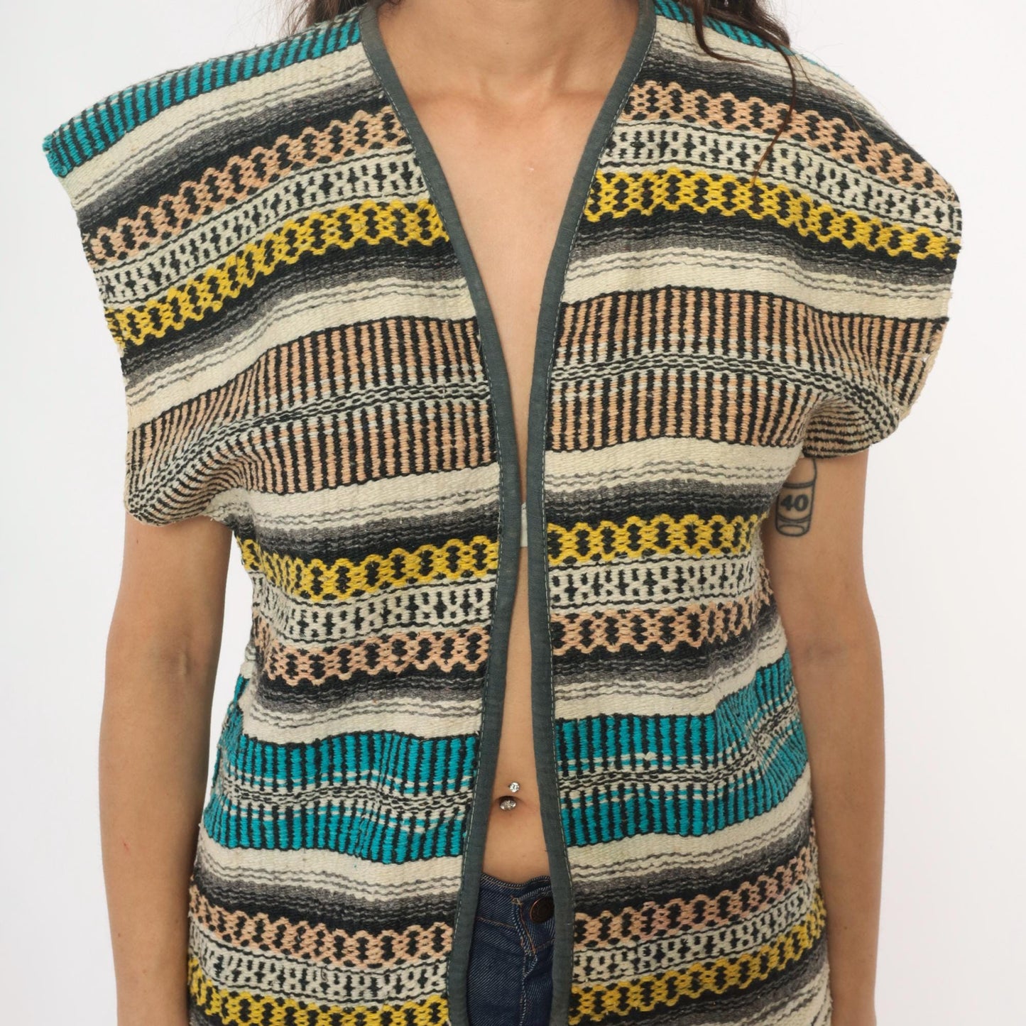 70s Mexican Serape Woven Vest Multicolor Striped Southwest Cap Sleeve Small