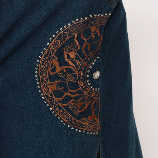 90s Southwestern Denim Jacket Tribal Embroidered Studs Blue Medium