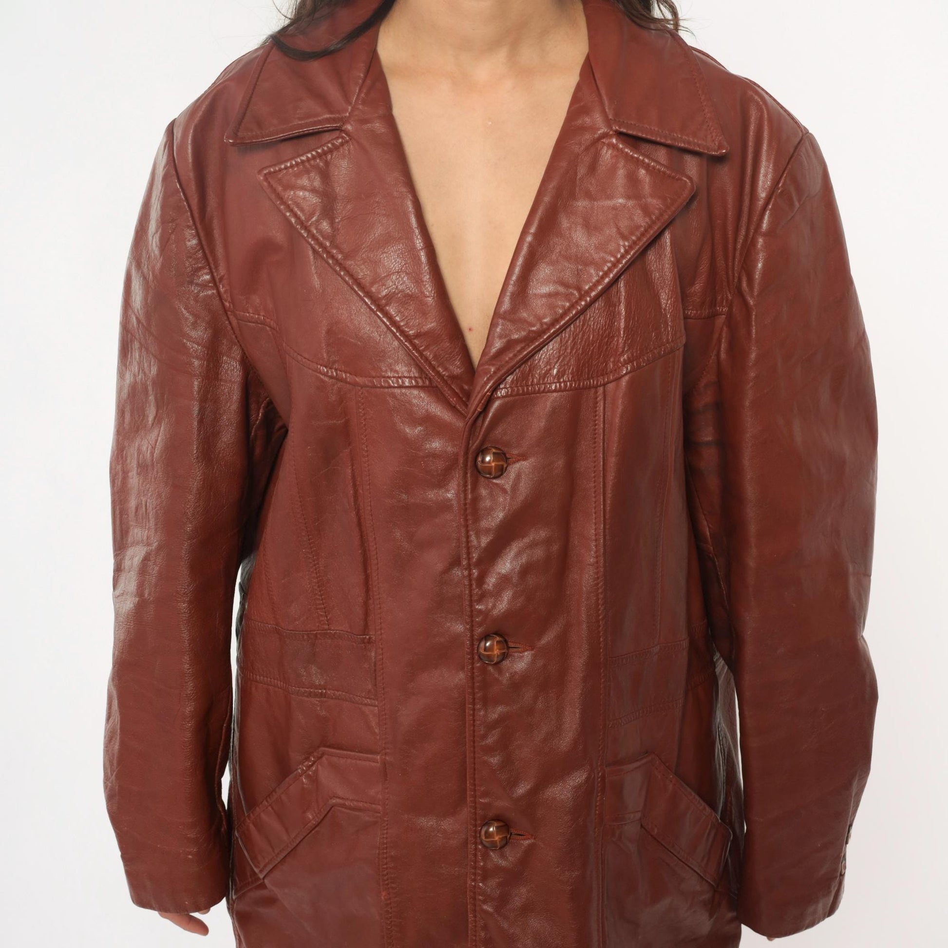 70s Brown Leather Jacket Notched Collar Long Coat Burgundy Lining Extra Large