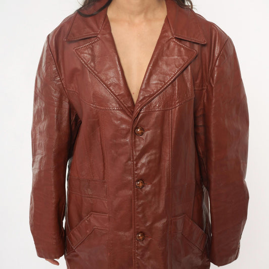 70s Brown Leather Jacket Notched Collar Long Coat Burgundy Lining Extra Large