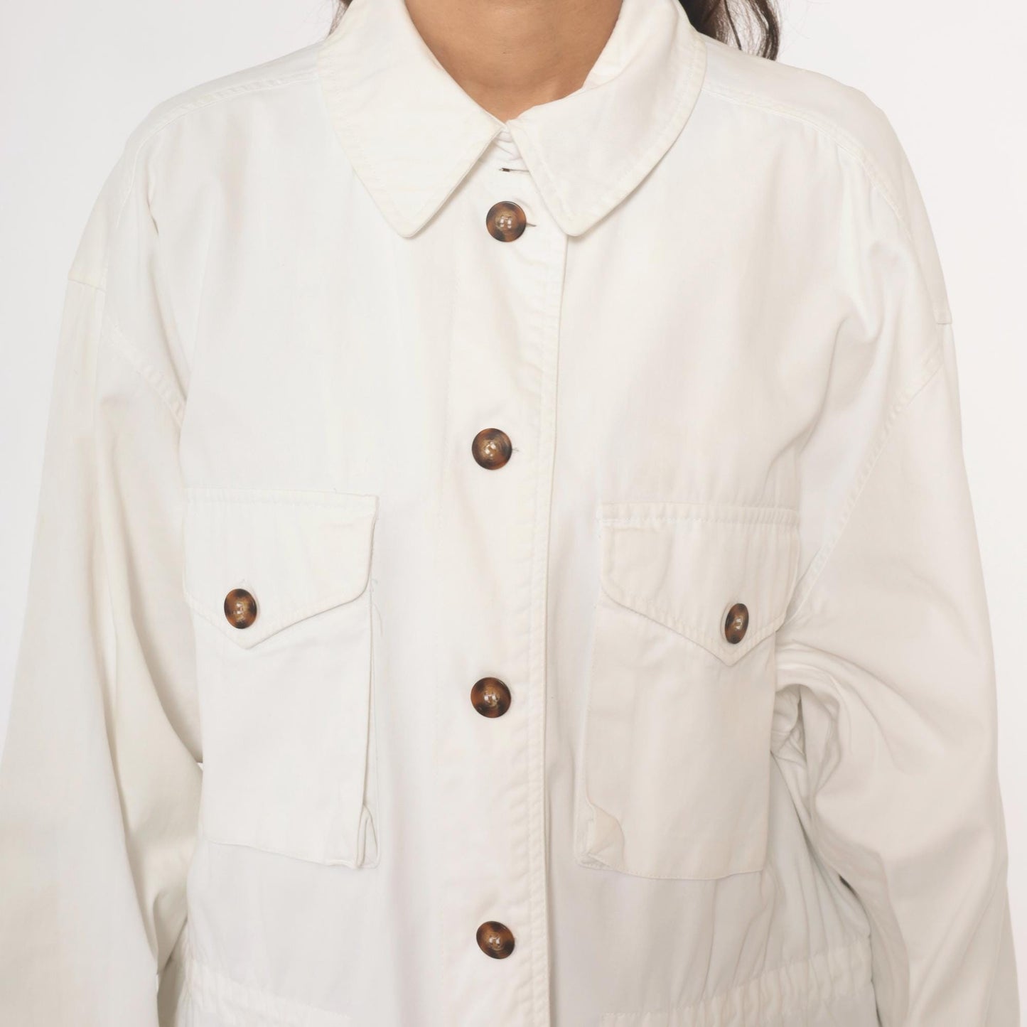90s Adrienne Vittadini Cotton Utility Jacket Cream Pointed Collar Medium M