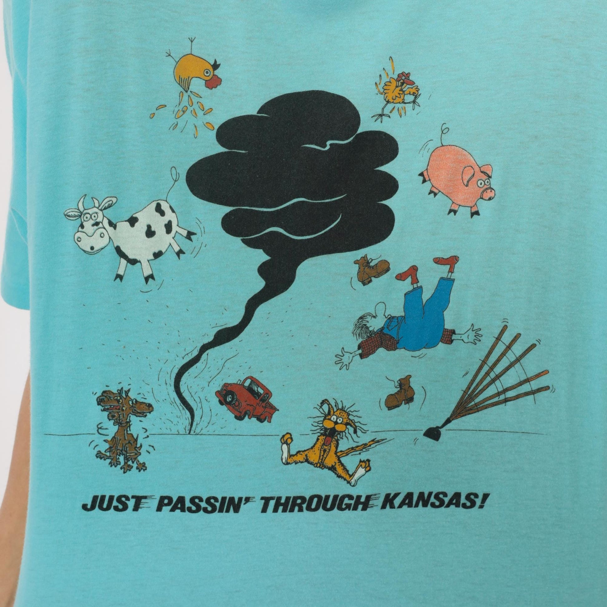 90s Anvil Kansas Tornado Graphic Tee Turquoise Cartoon Farm Animals Extra Large XL