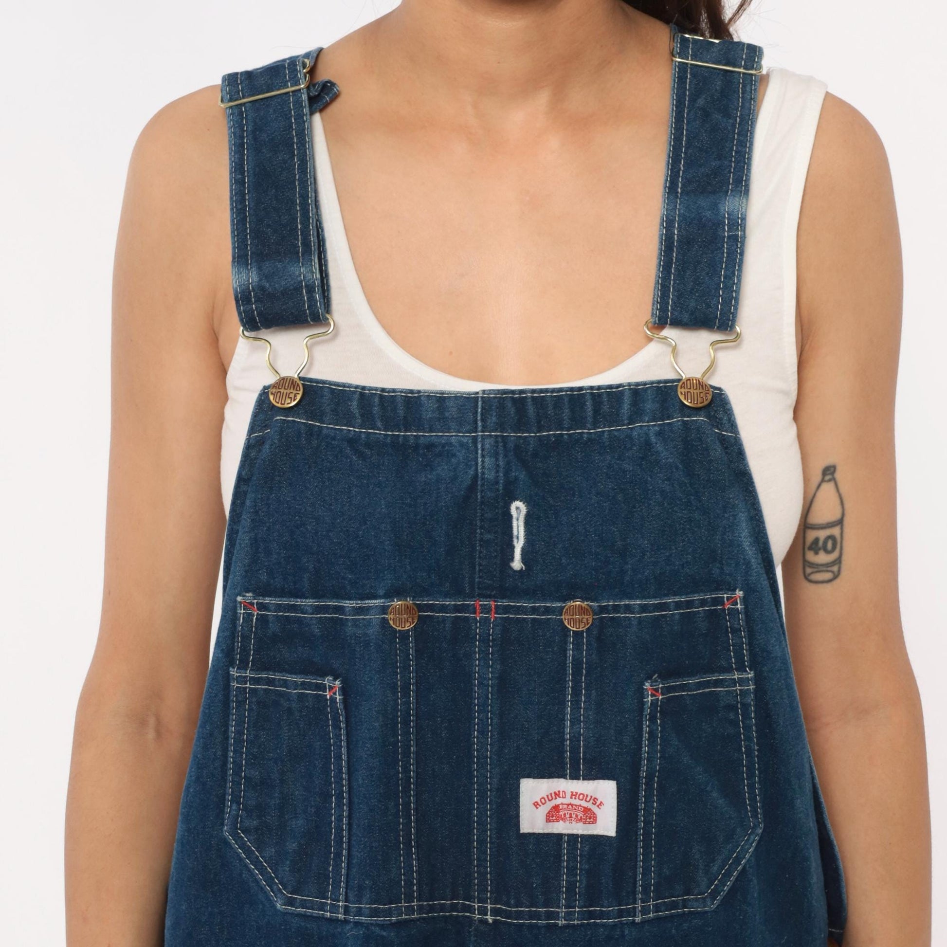 Y2K Roundhouse Dark Blue Denim Overalls Carpenter Workwear Cotton Extra Large