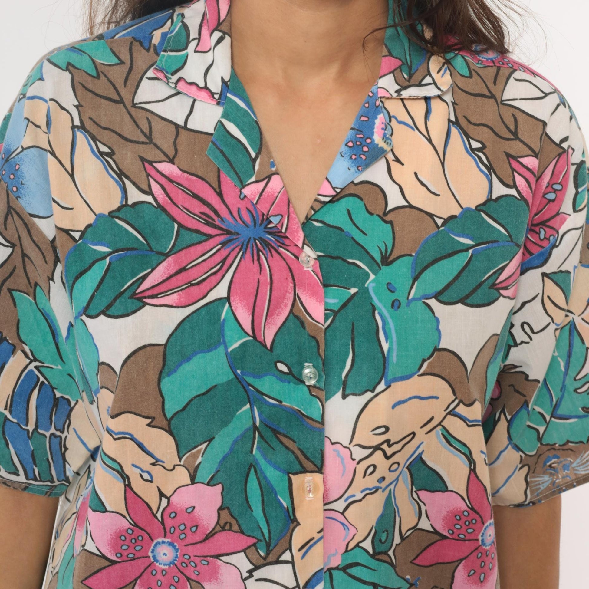 90s Caribou Tropical Floral Hawaiian Shirt Pink Blue Monstera Medium