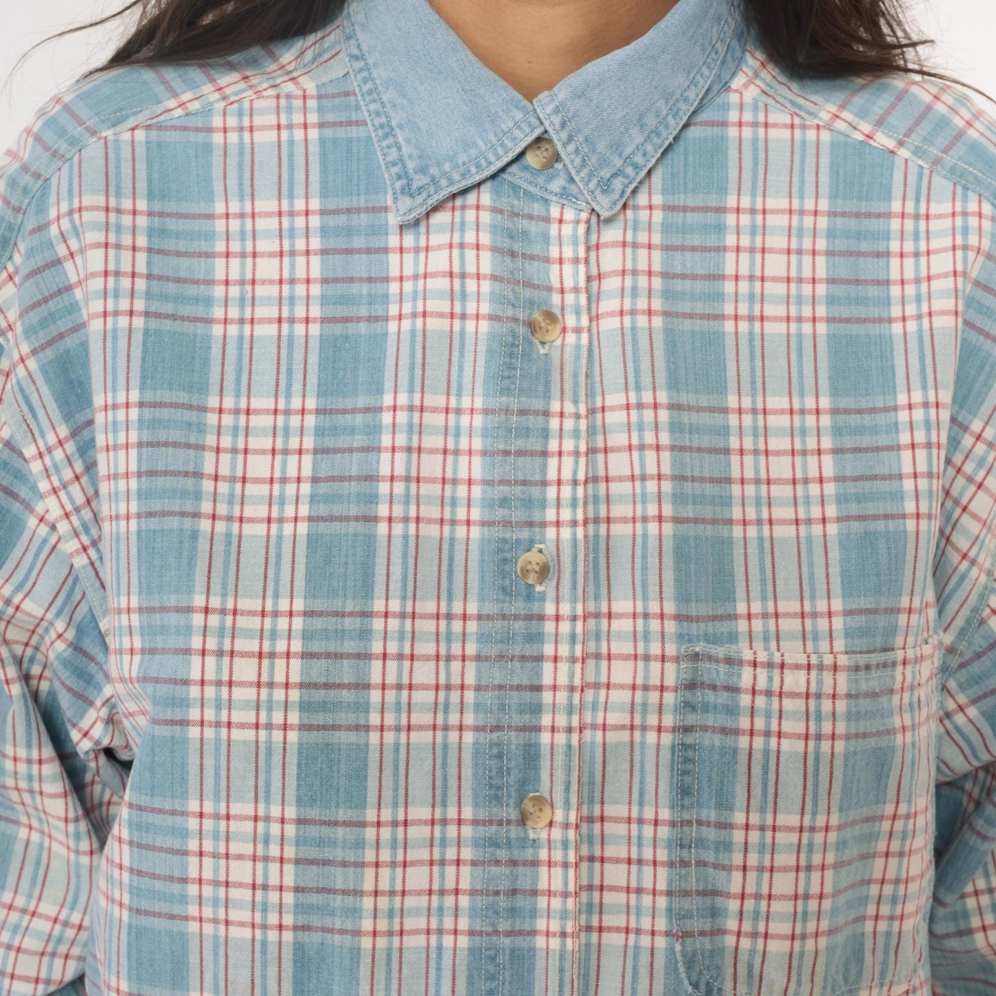 90s Paris Sport Club Plaid Button Down Shirt Denim Collar Cotton Large L