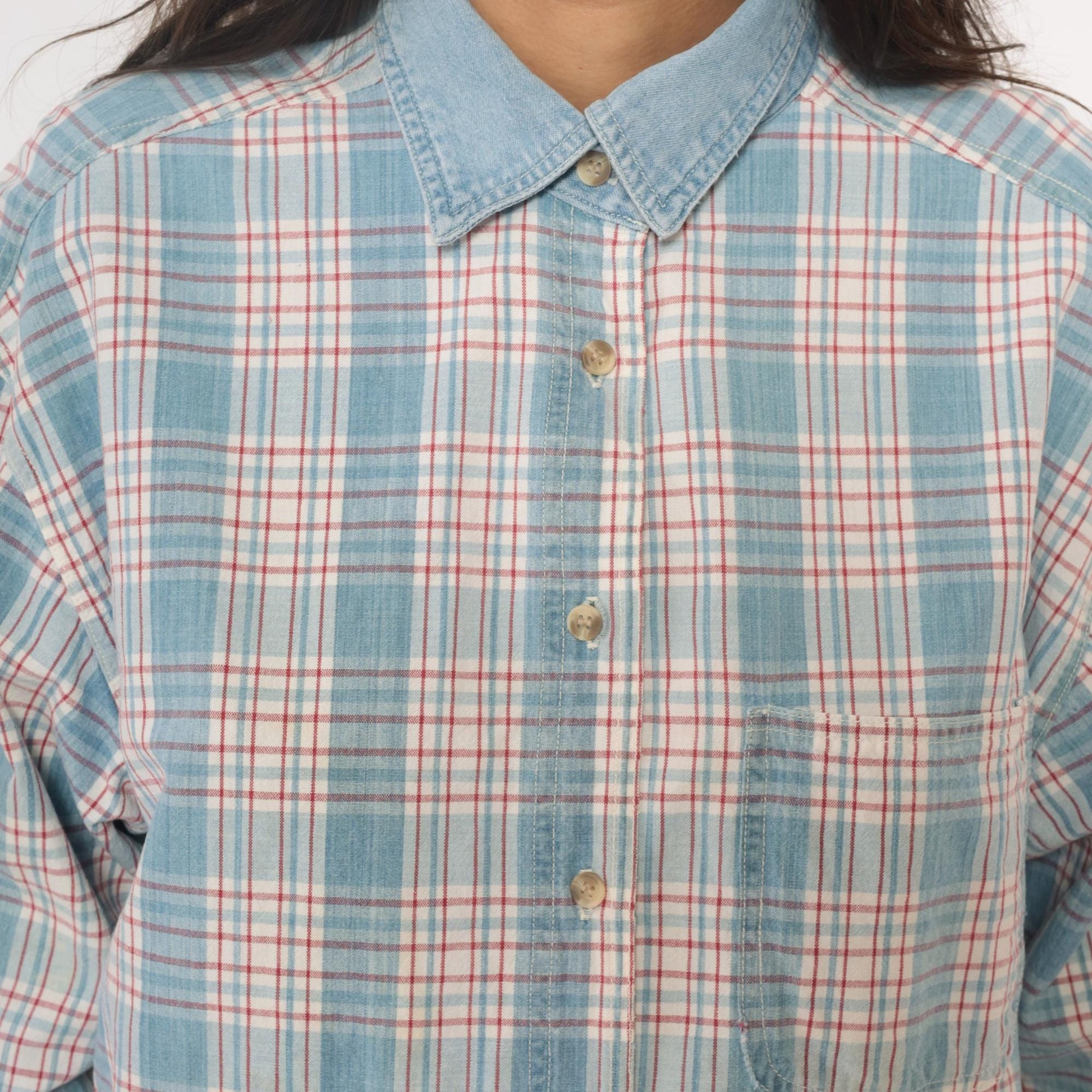 90s Paris Sport Club Plaid Button Down Shirt Denim Collar Cotton Large L