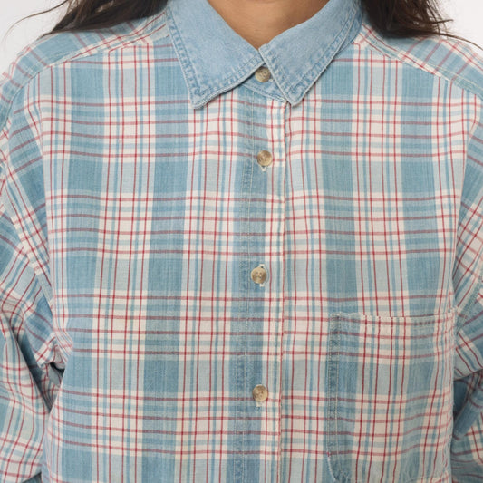 90s Paris Sport Club Plaid Button Down Shirt Denim Collar Cotton Large L