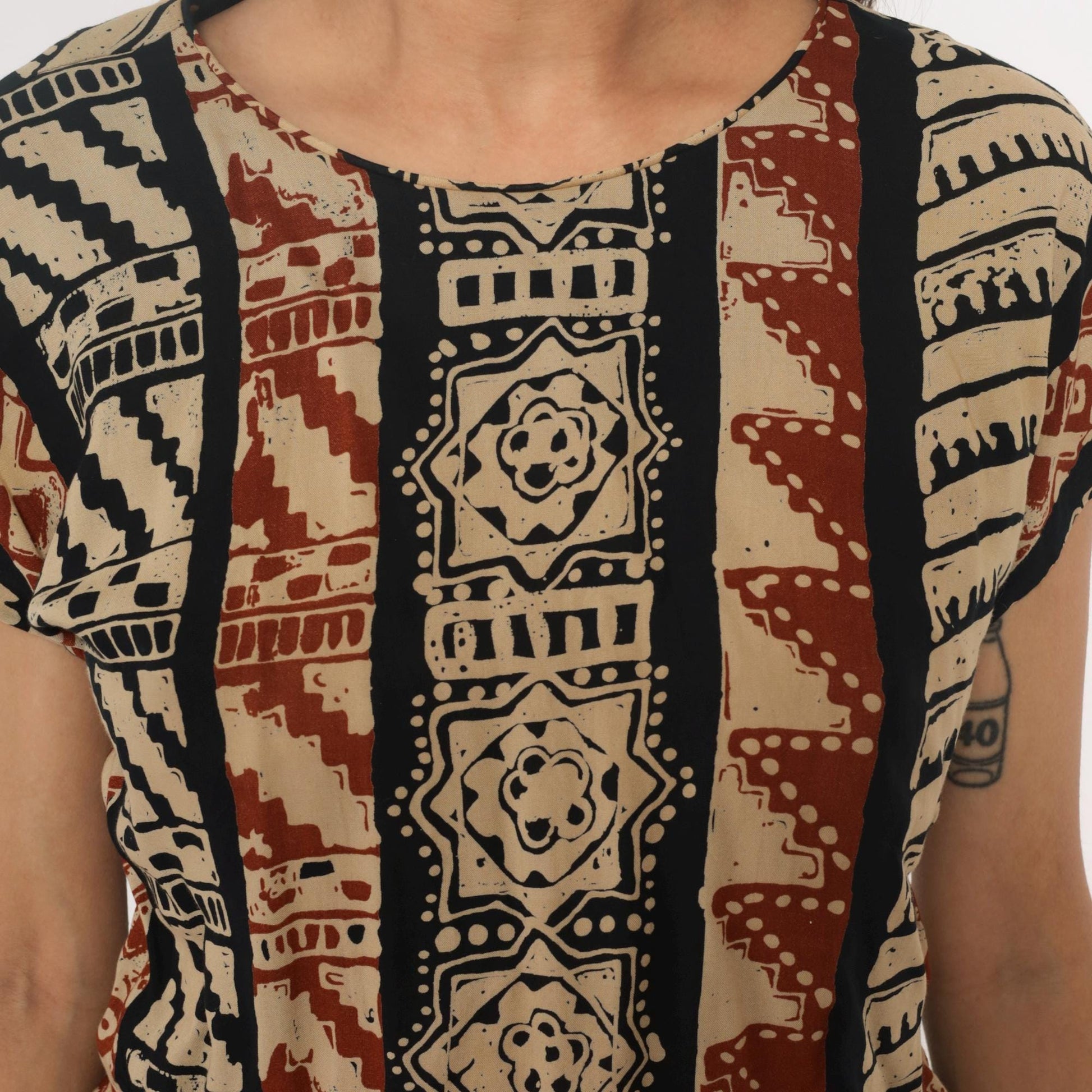 90s Lia G Petites Tribal Geometric Striped Blouse Beige Black Rust Medium