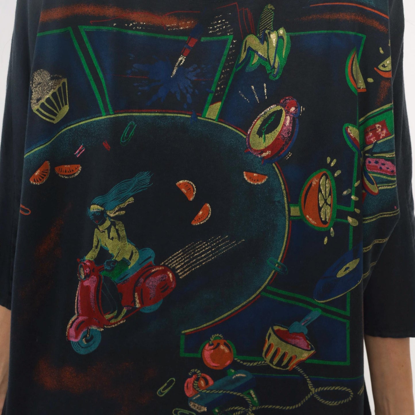 80s DT Company Vespa Scooter Graphic Tee Black Cotton Asymmetric Hem Large