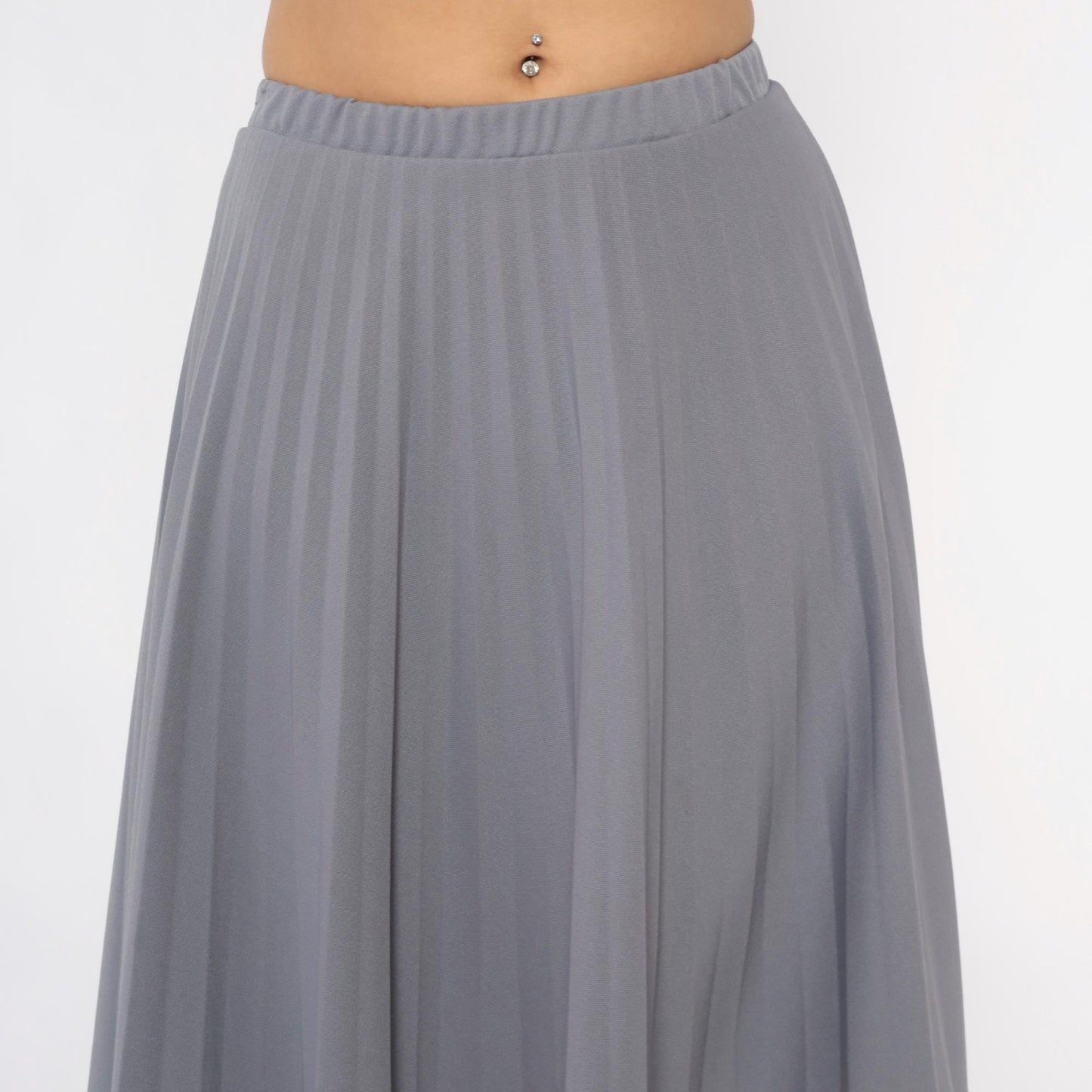 70s Grey Pleated Skirt Elastic Waist Knee-Length A-Line Medium