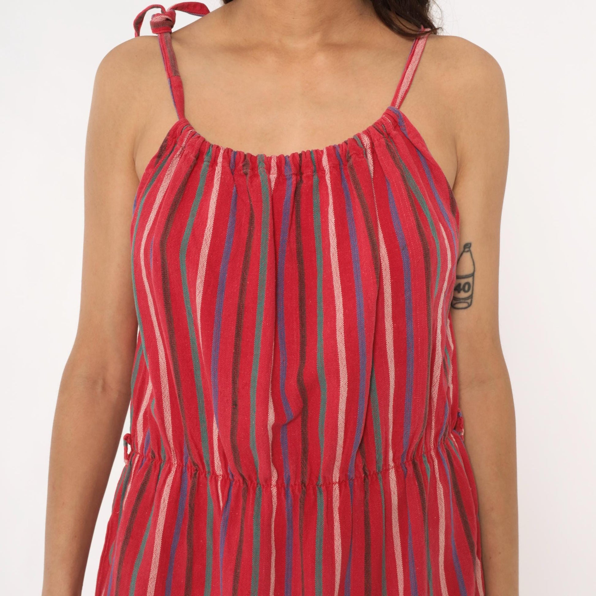 90s Red Striped Cotton Sundress Tribal Ikat Border Tie Strap Large