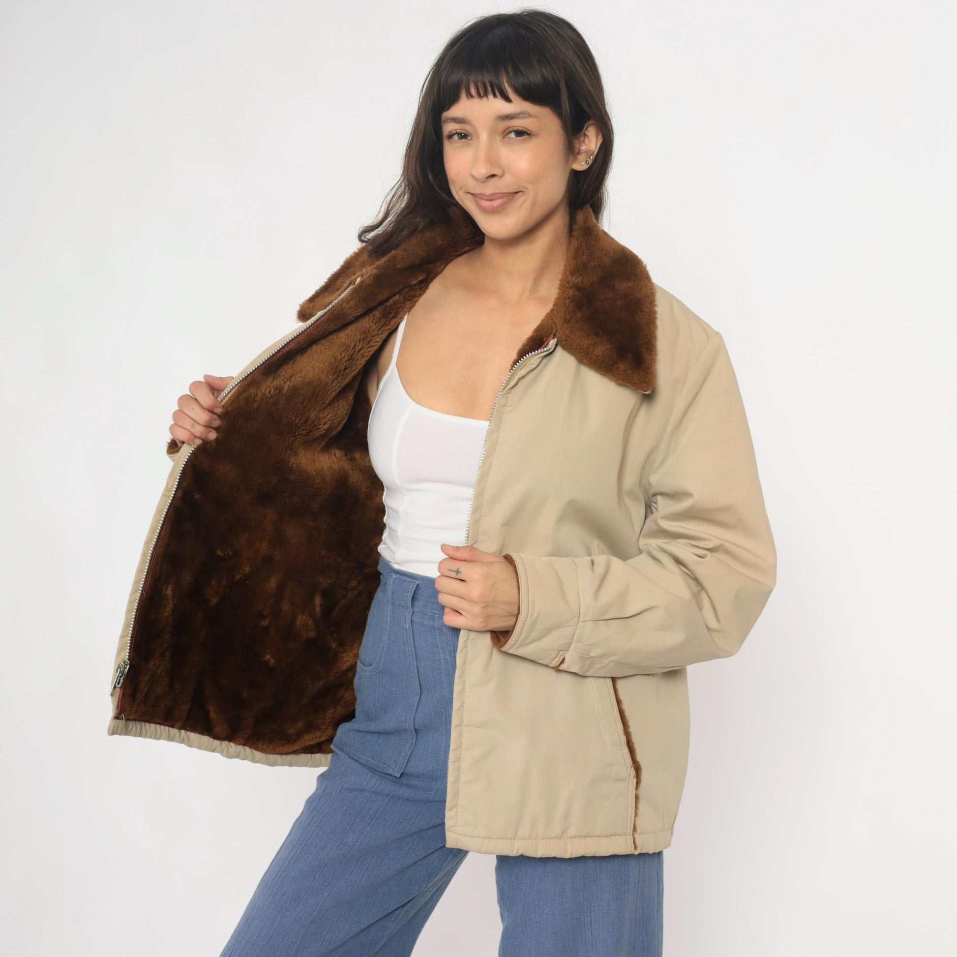 80s Weathercastle Bomber Jacket Beige Faux Fur Collar Lined Large