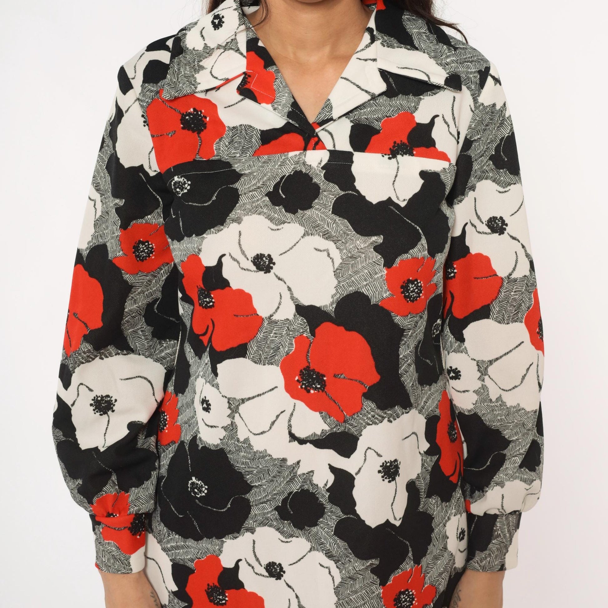 70s Floral Shift Dress Red Black White Poppy Print Collared Long Sleeve Large L