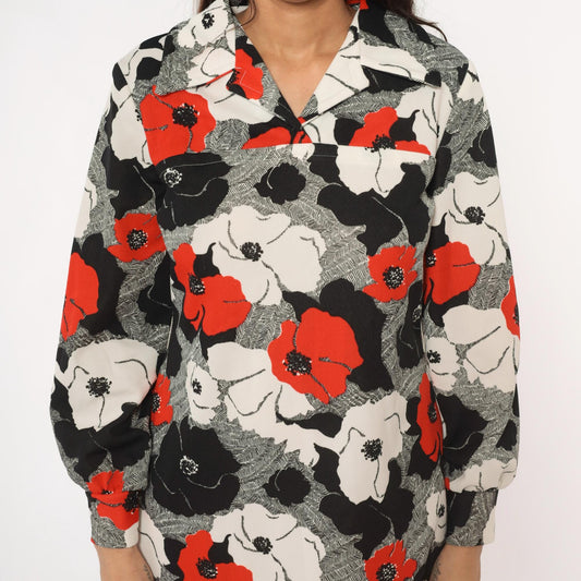 70s Floral Shift Dress Red Black White Poppy Print Collared Long Sleeve Large L