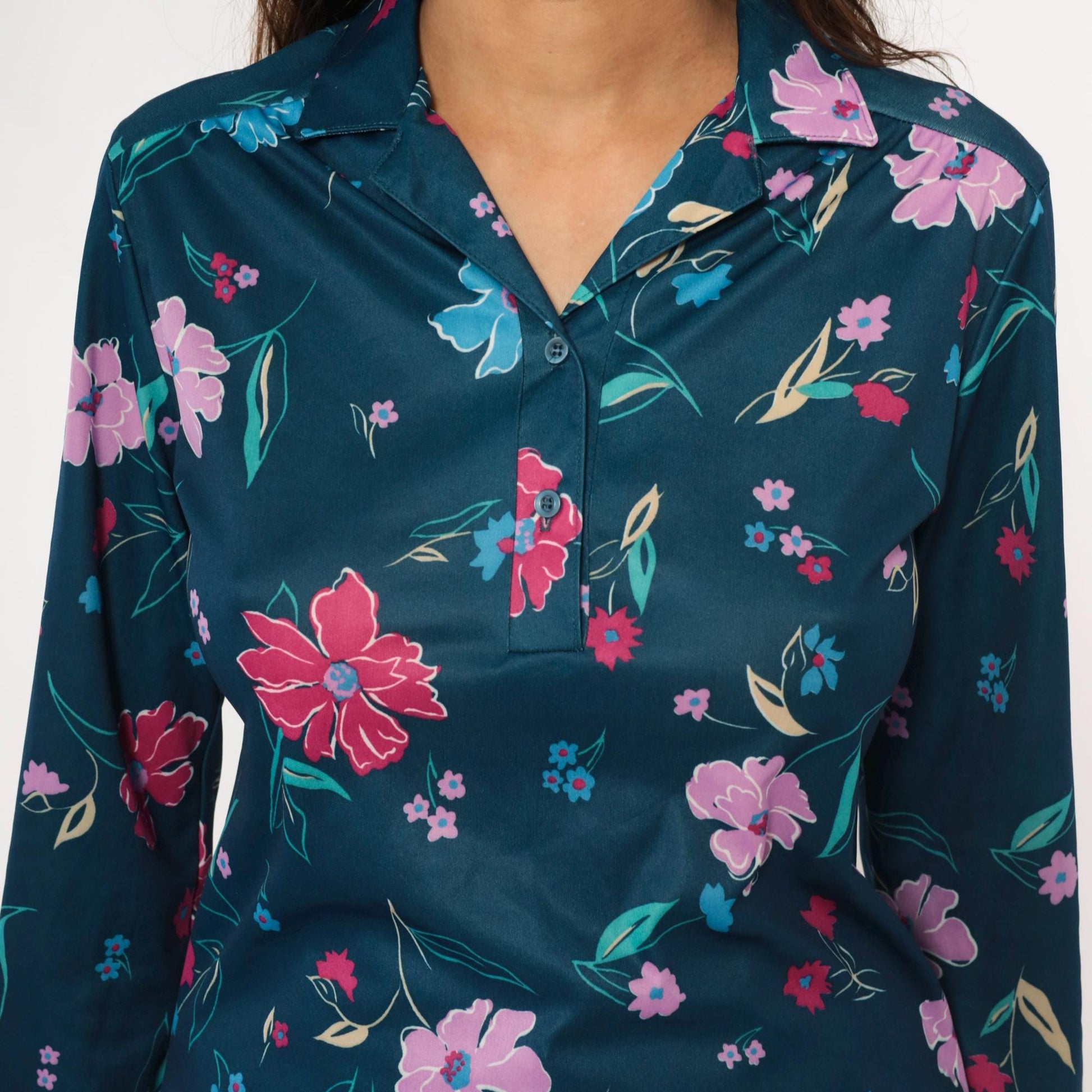 80s Teal Floral Blouse Navy Pink Purple Flowers Long Sleeve Button Up Medium